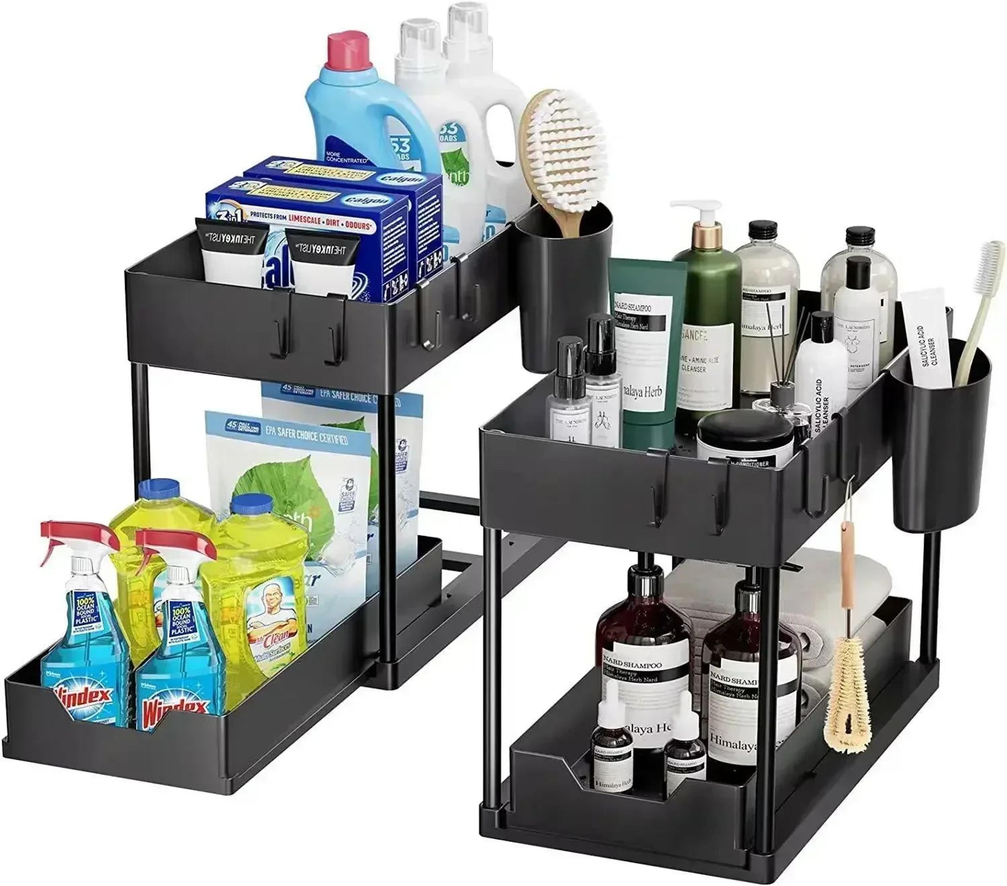 2 Tier Under Sink Sliding Storage Organizer Rack With Hooks 8