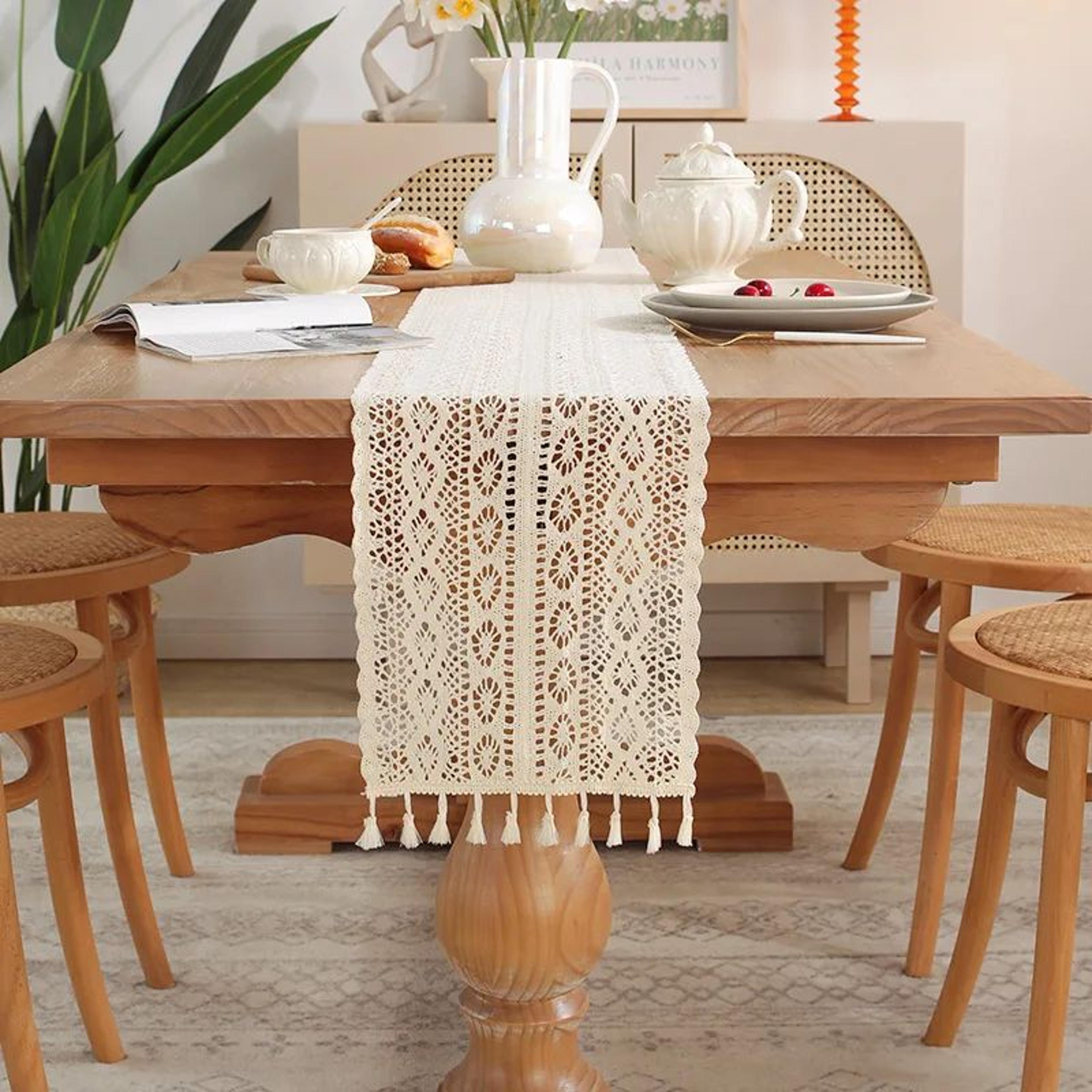 Vintage Beige Crochet Lace Table Runner With Tasselsl 5