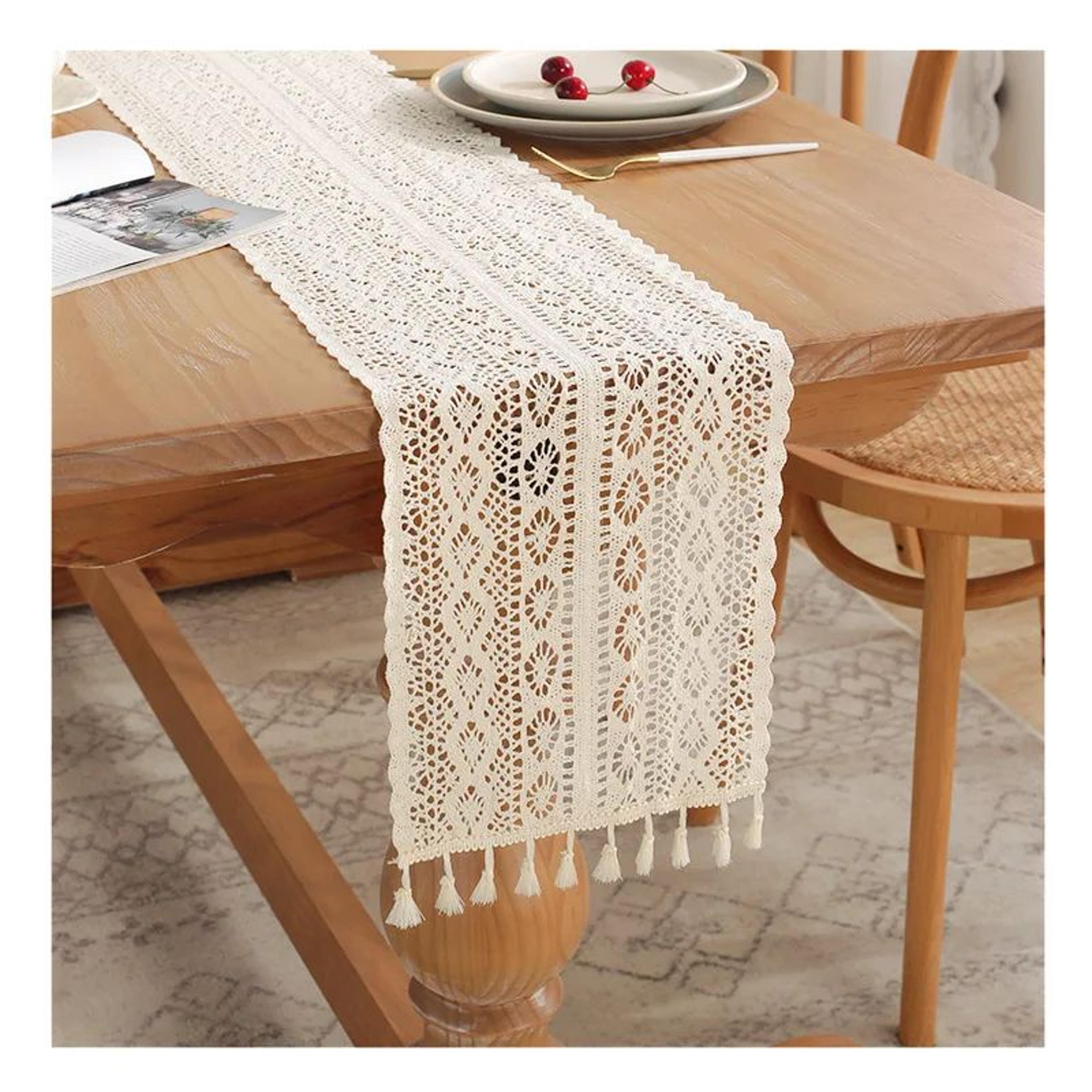 Vintage Beige Crochet Lace Table Runner With Tasselsl 6