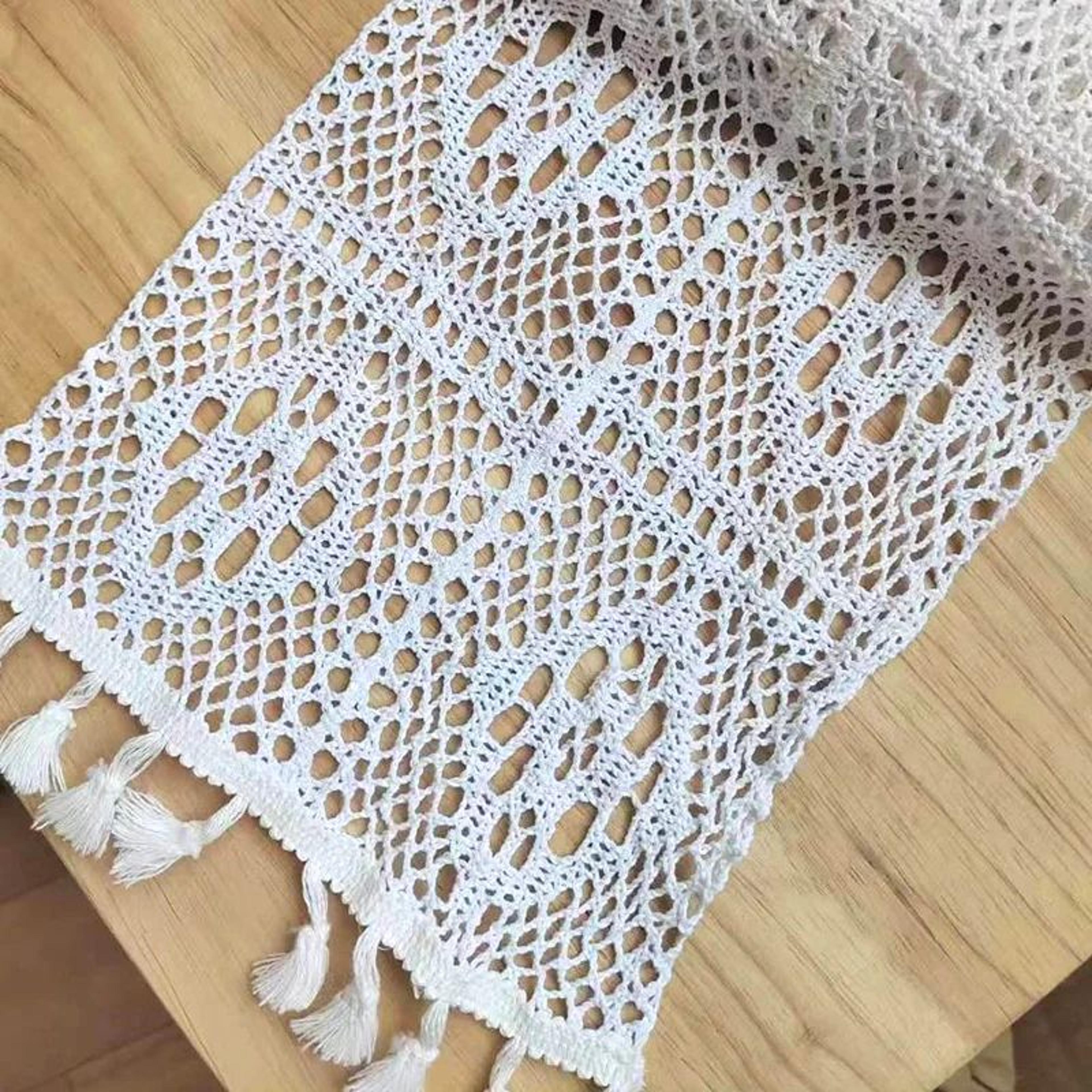 Vintage Beige Crochet Lace Table Runner With Tasselsl 10