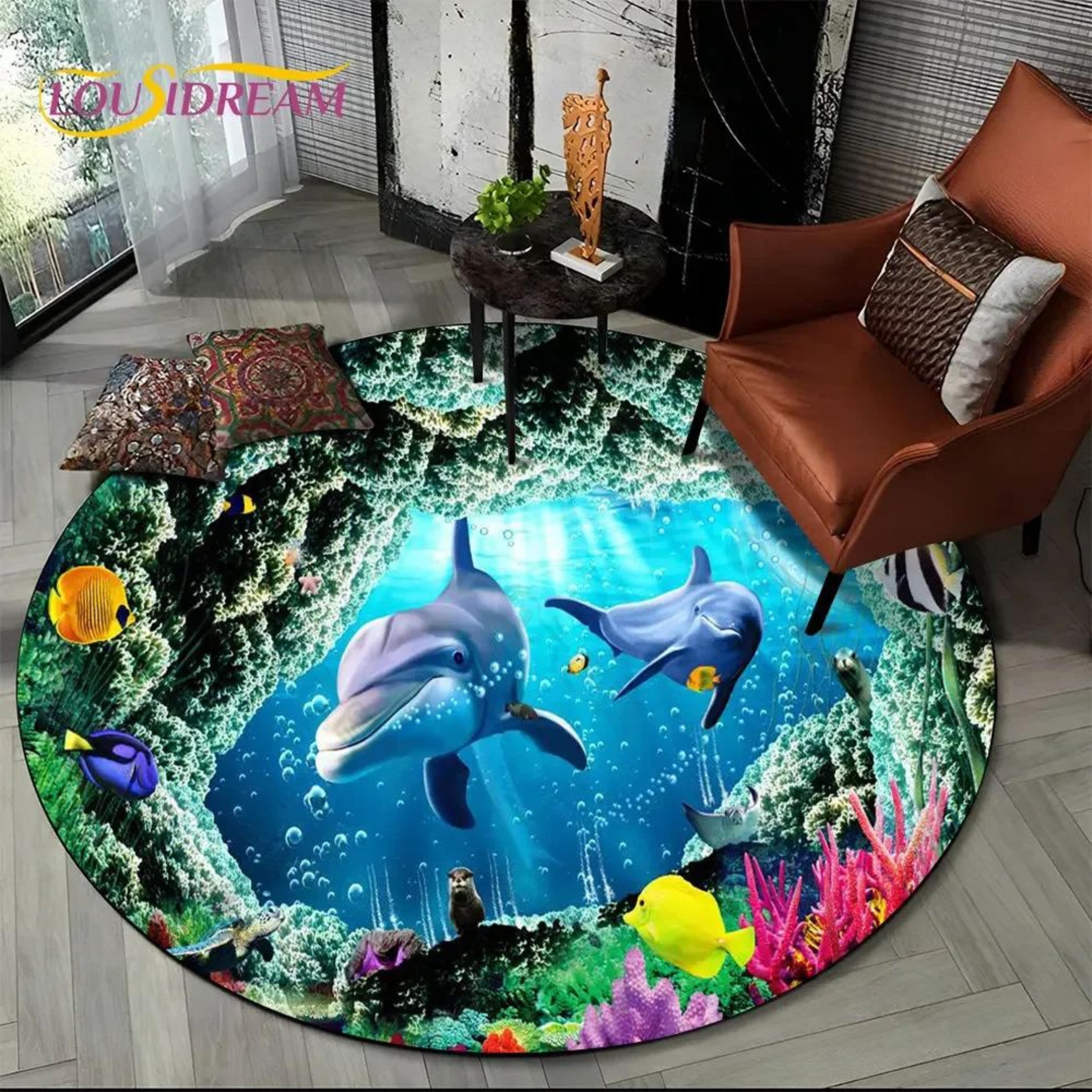 3D Underwater Dolphin Illusion Round Area Rug 7