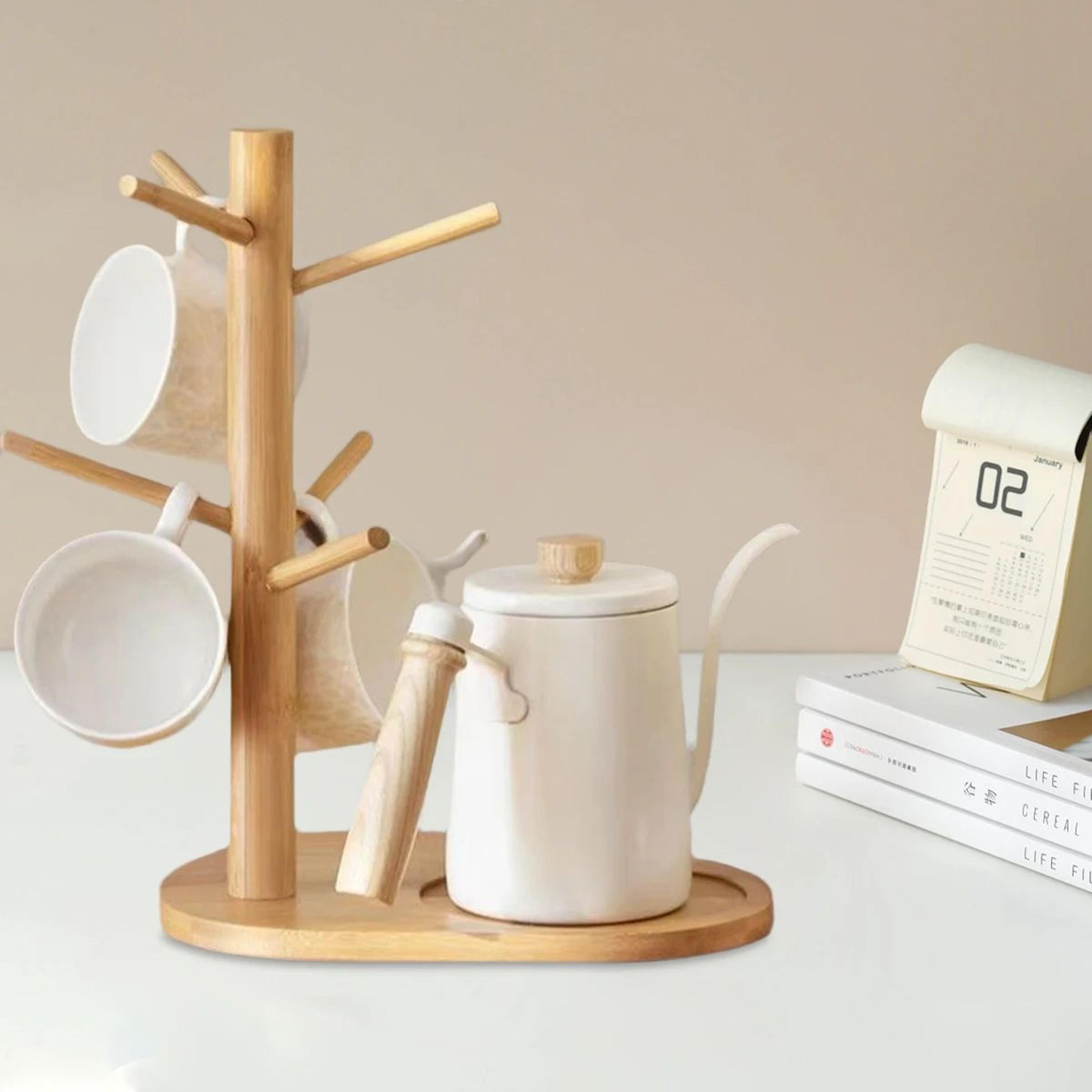 Bamboo Mug Tree Holder With 3 Or 6 Hooks 0