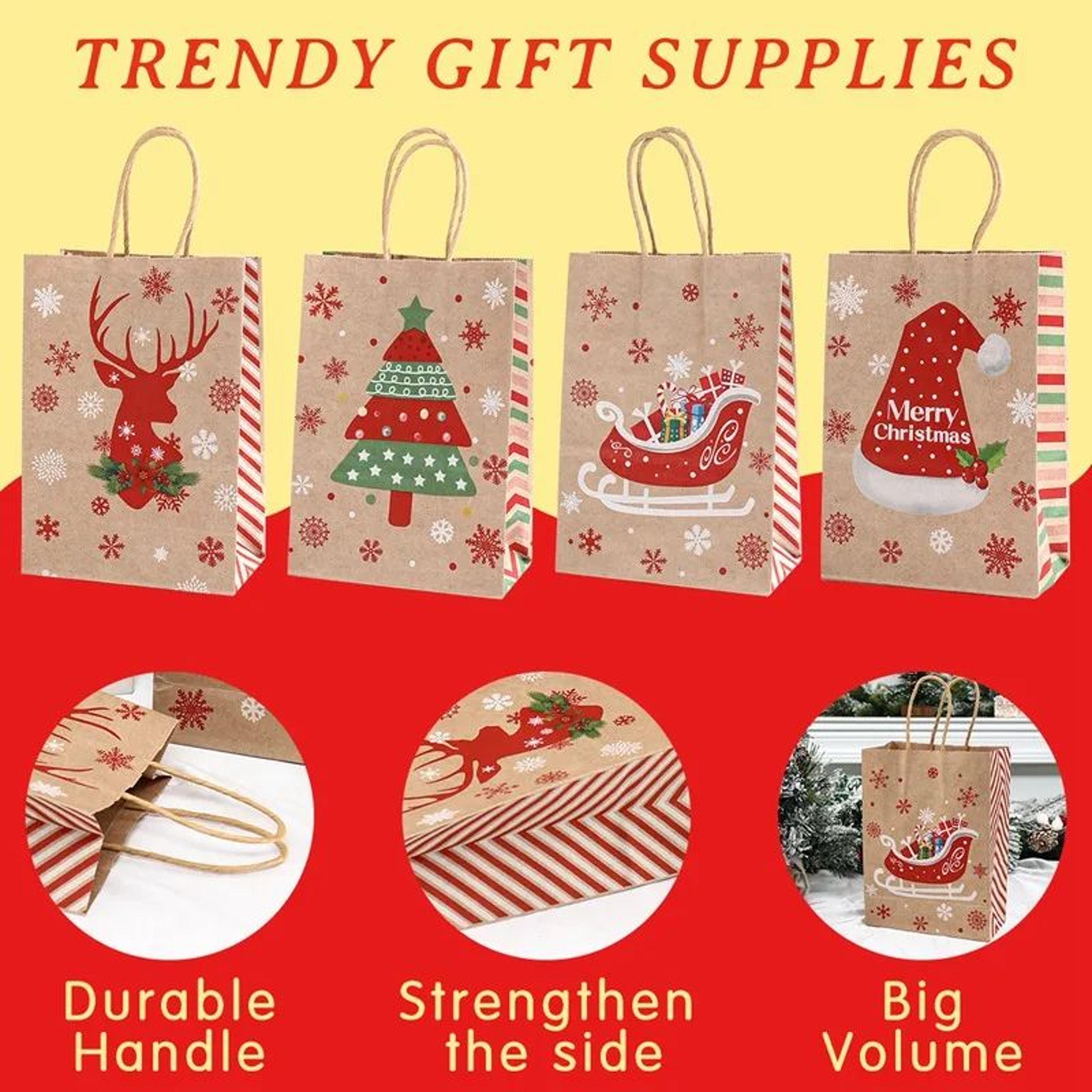 Christmas Kraft Paper Gift Bags With Handles Set 6