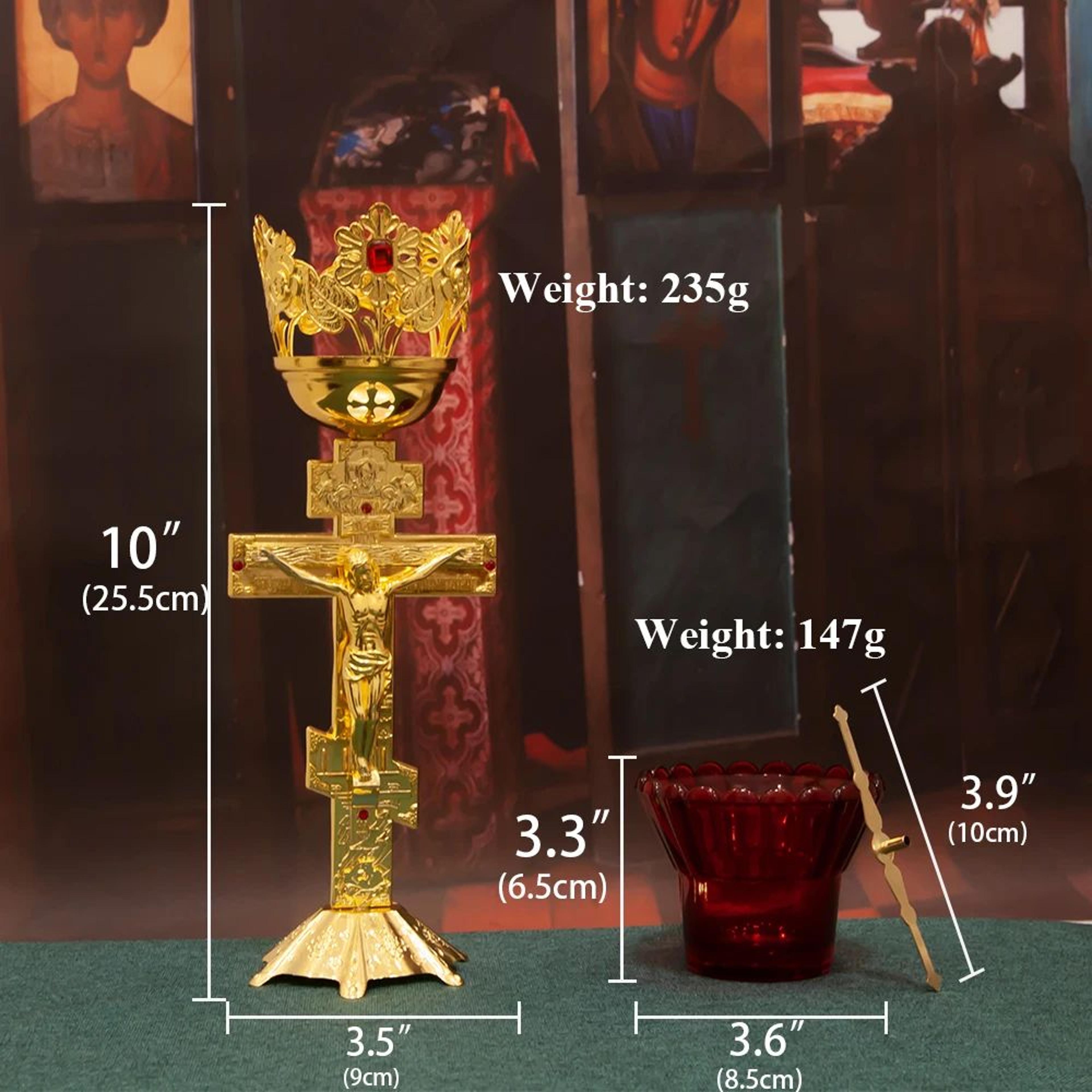Gold Plated Orthodox Standing Cross Vigil Lamp With Red Glass Shade 3