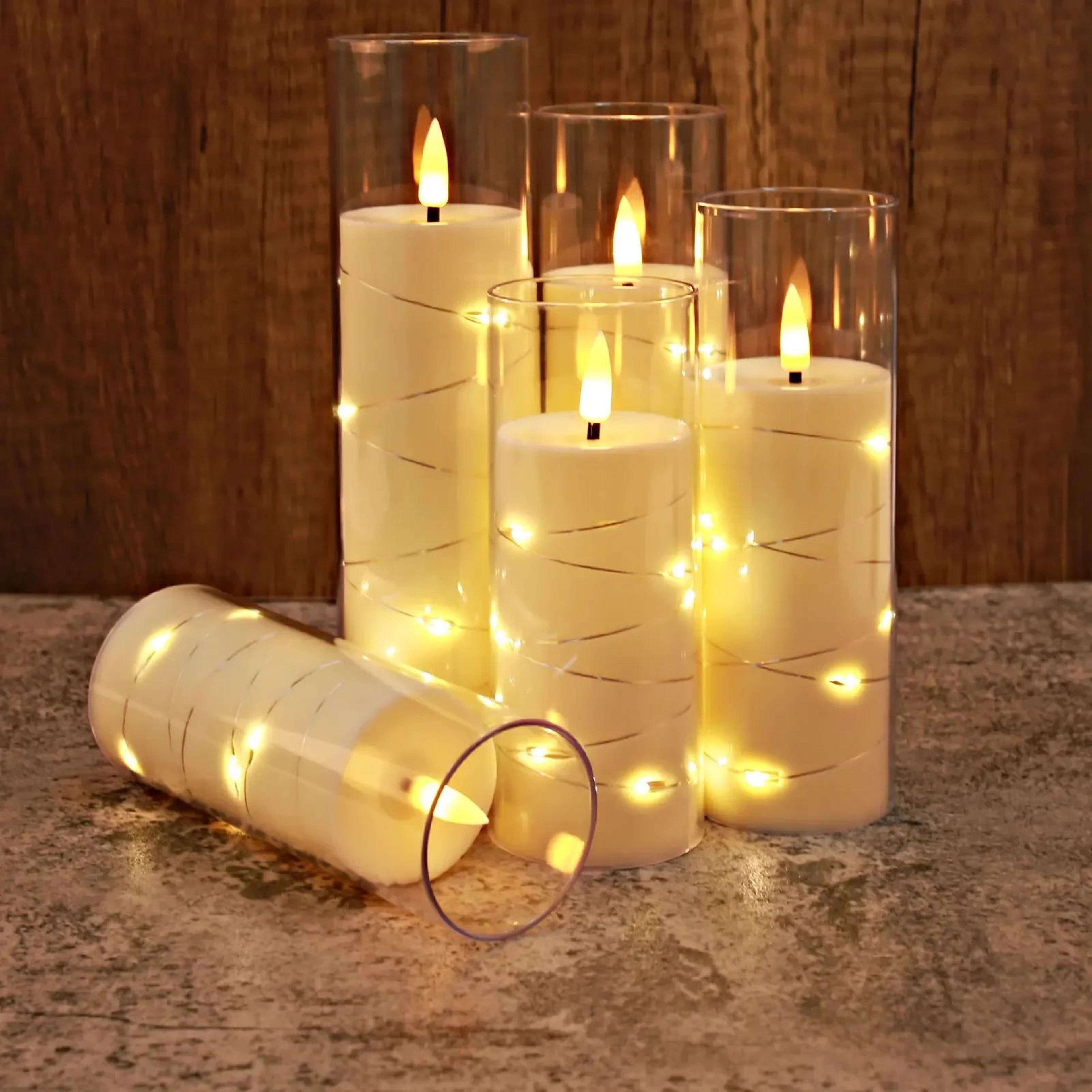 Flameless LED Pillar Candles With Star String Lights And Remote 5