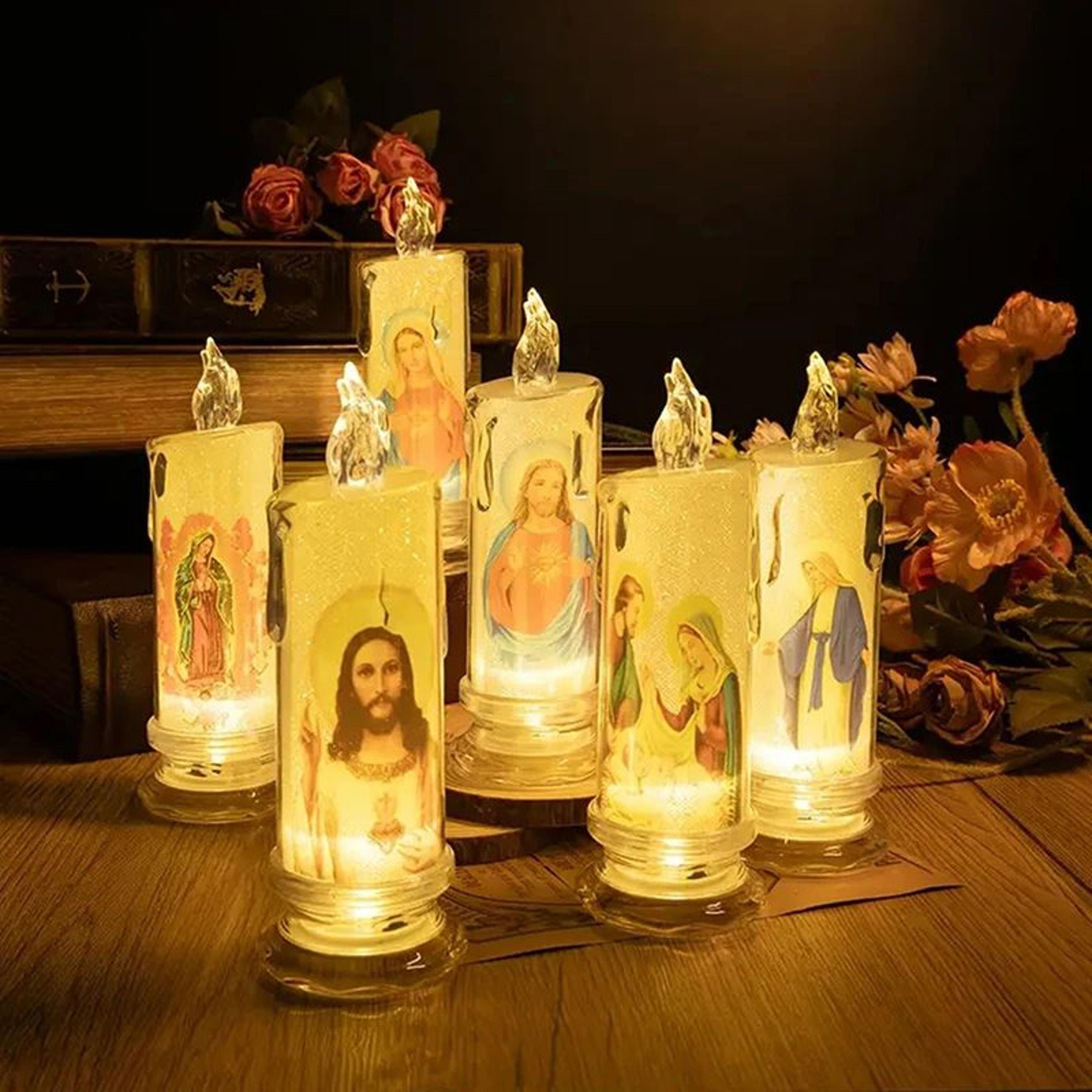 Flameless LED Prayer Candle With Jesus And Virgin Mary 2