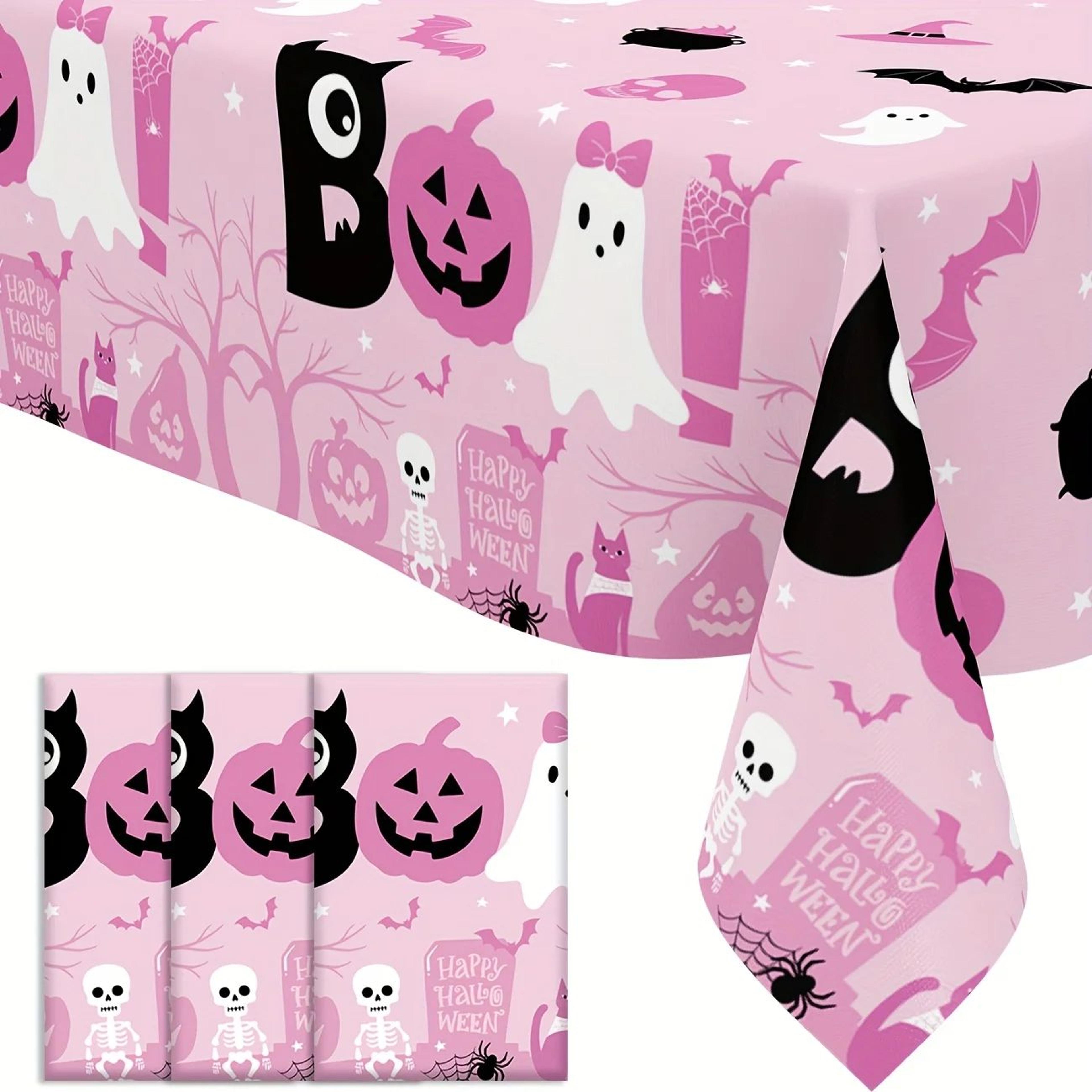 3 pack pink halloween plastic tablecloths with ghost and pumpkin design