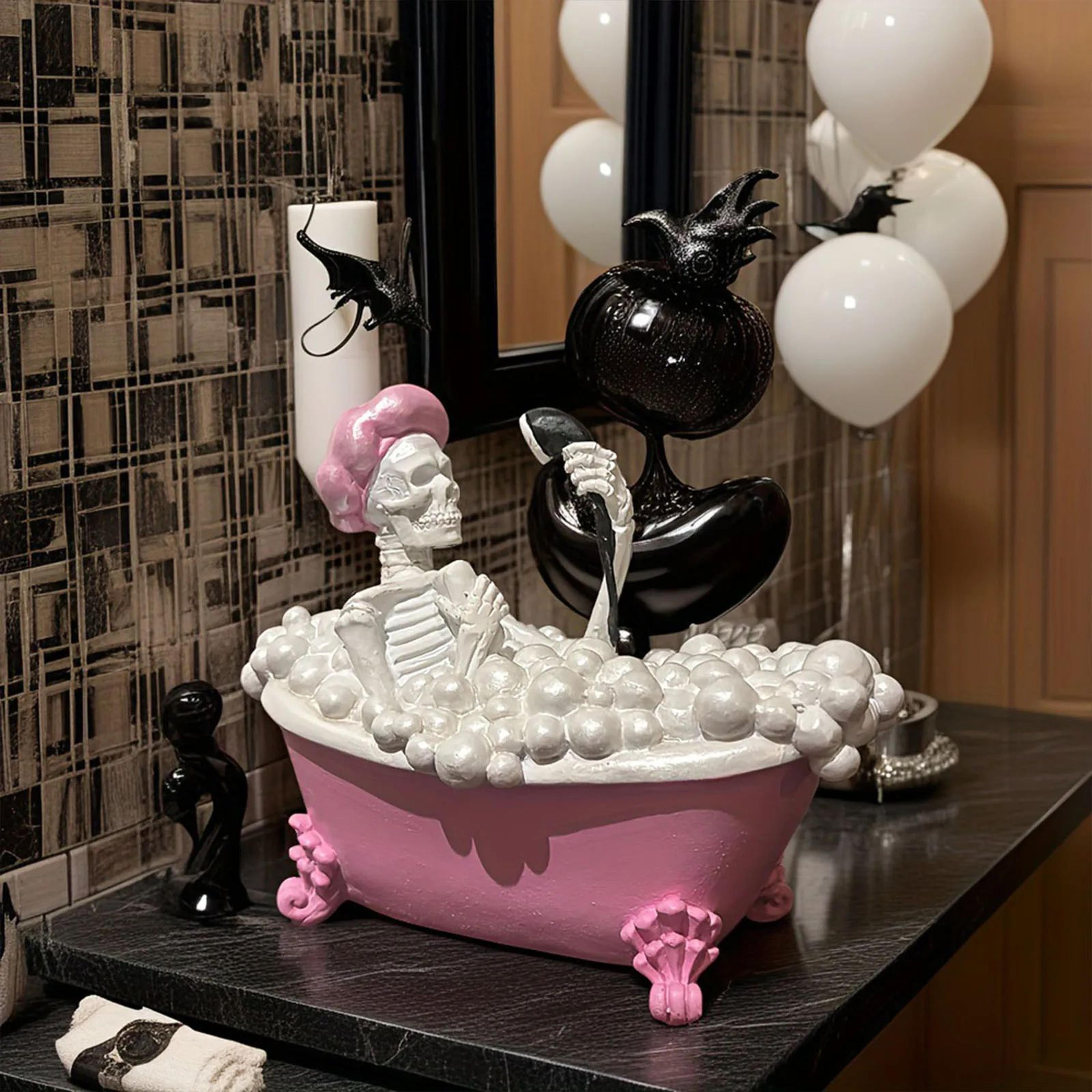 Spooky Skeleton In Pink And White Bathtub Halloween Decor 3