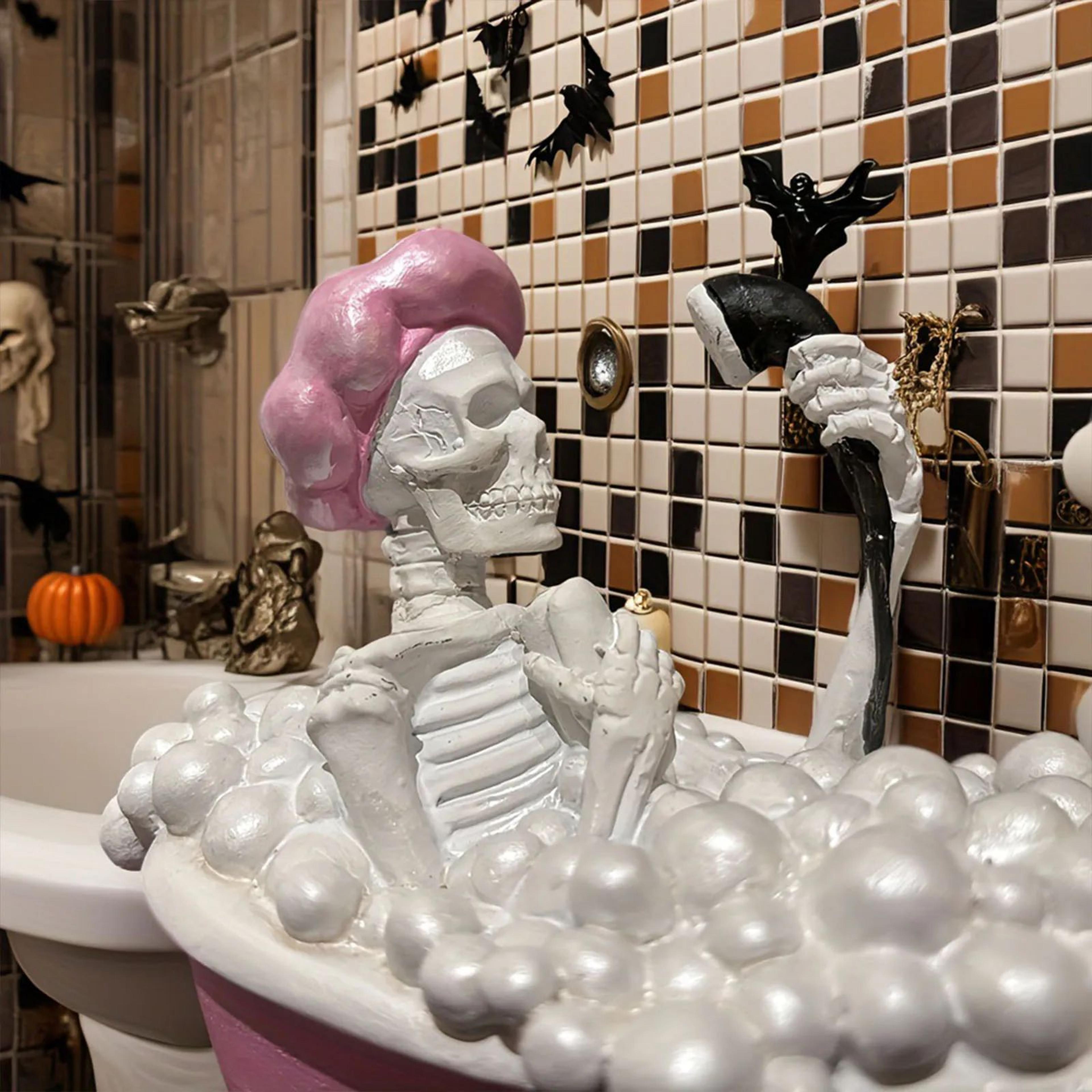 Spooky Skeleton In Pink And White Bathtub Halloween Decor 6
