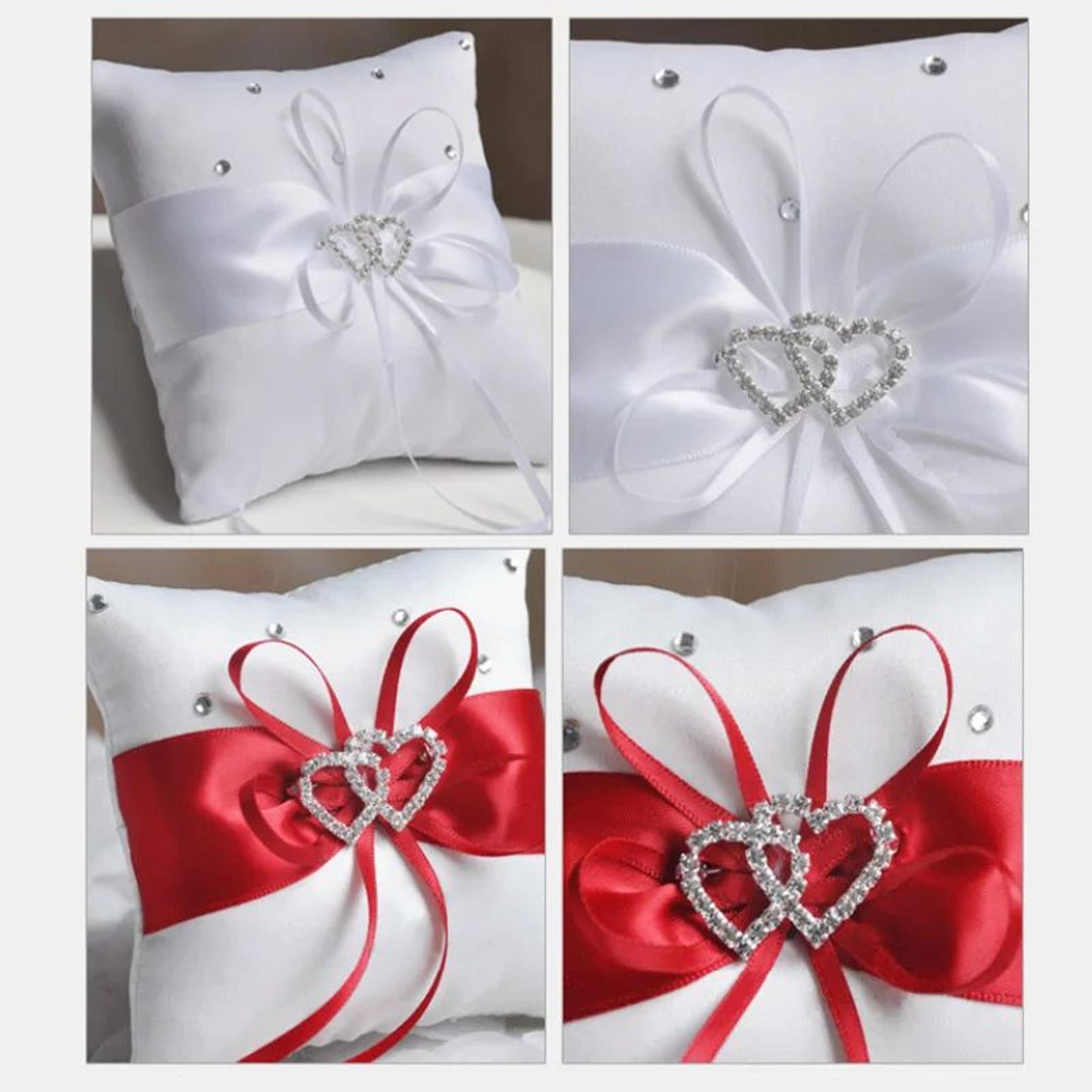 Double Heart Rhinestone Wedding Ring Pillow 2
