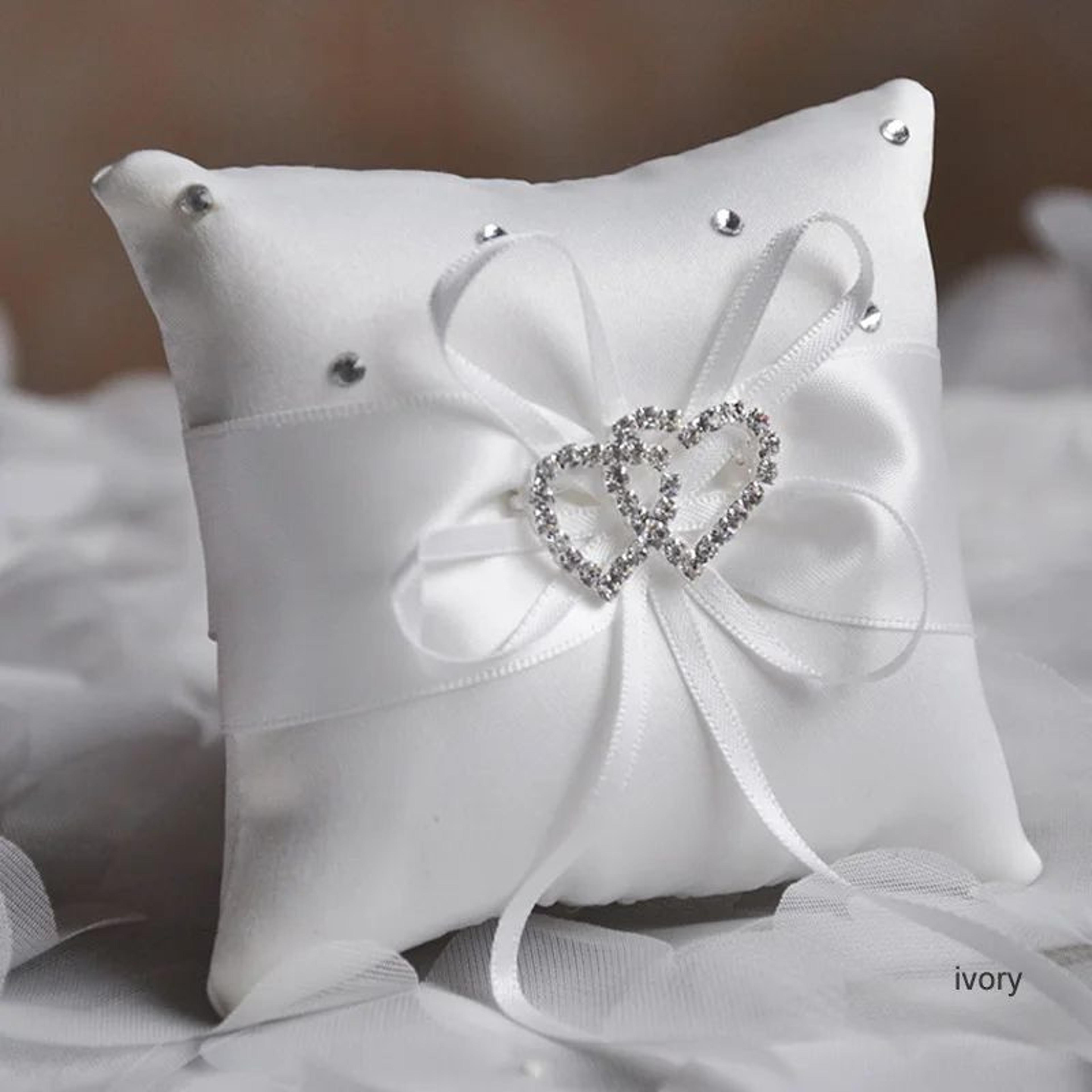 Double Heart Rhinestone Wedding Ring Pillow 6