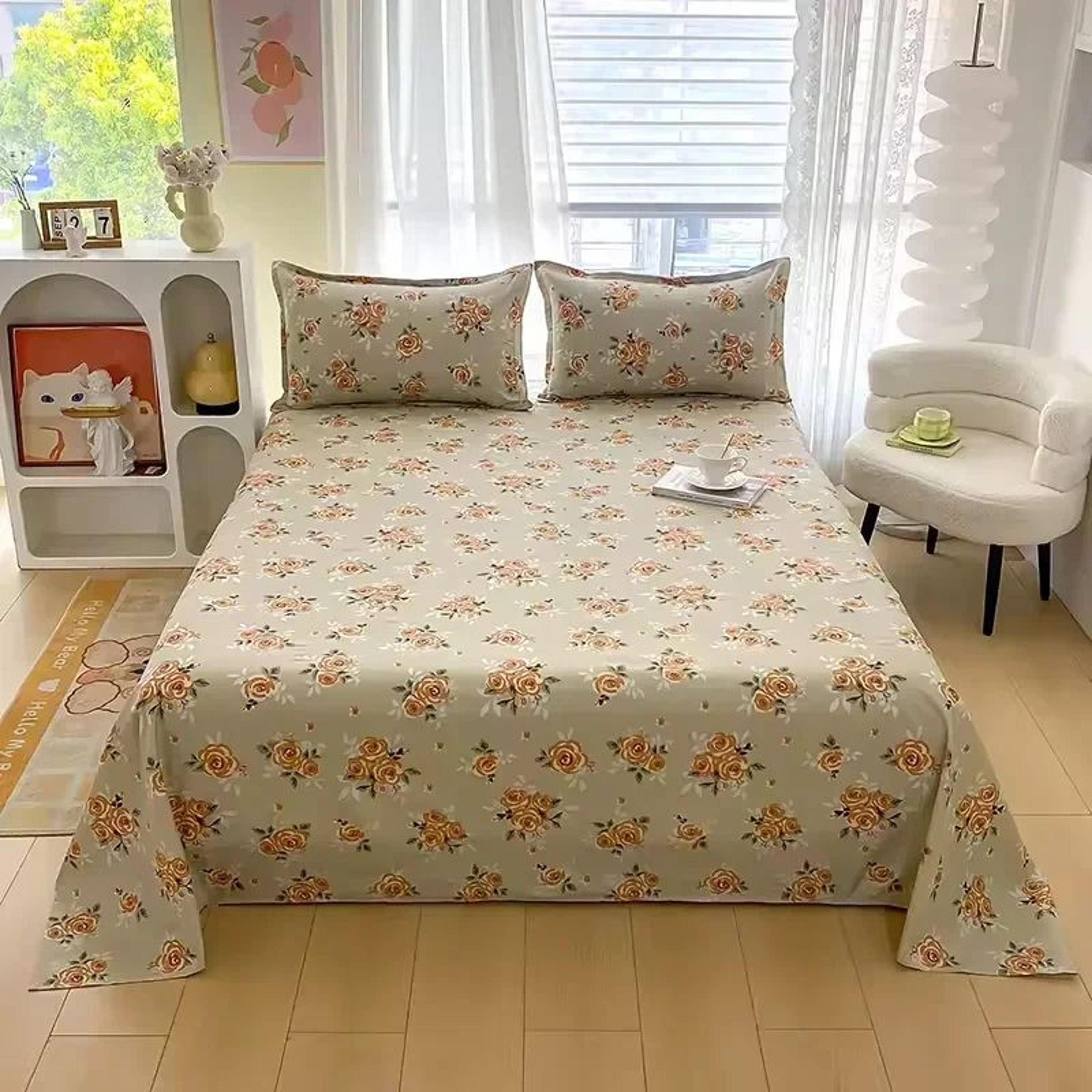 Red Floral Printed Flat Bed Sheet For Single Double Queen And King Beds 8
