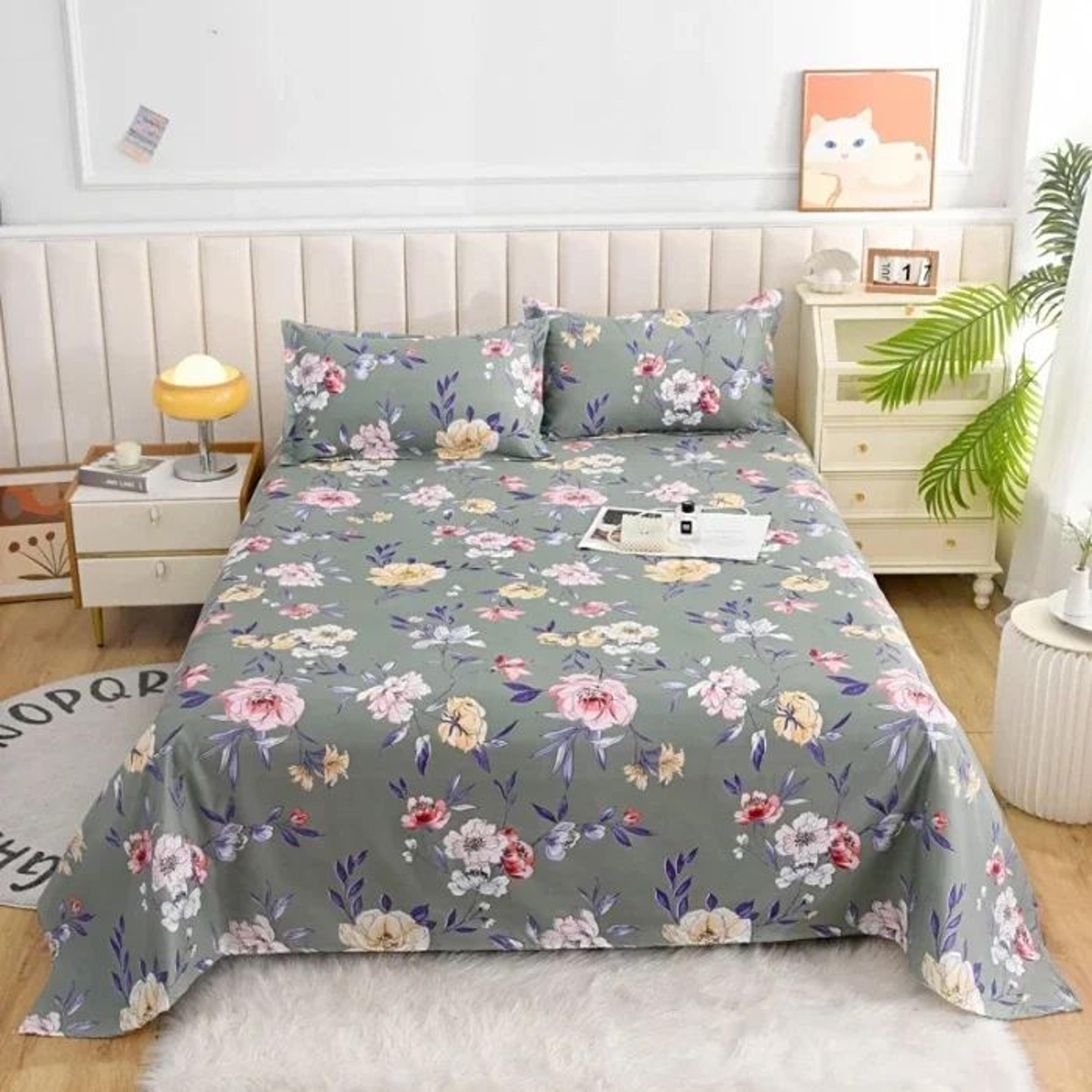 Red Floral Printed Flat Bed Sheet For Single Double Queen And King Beds 19