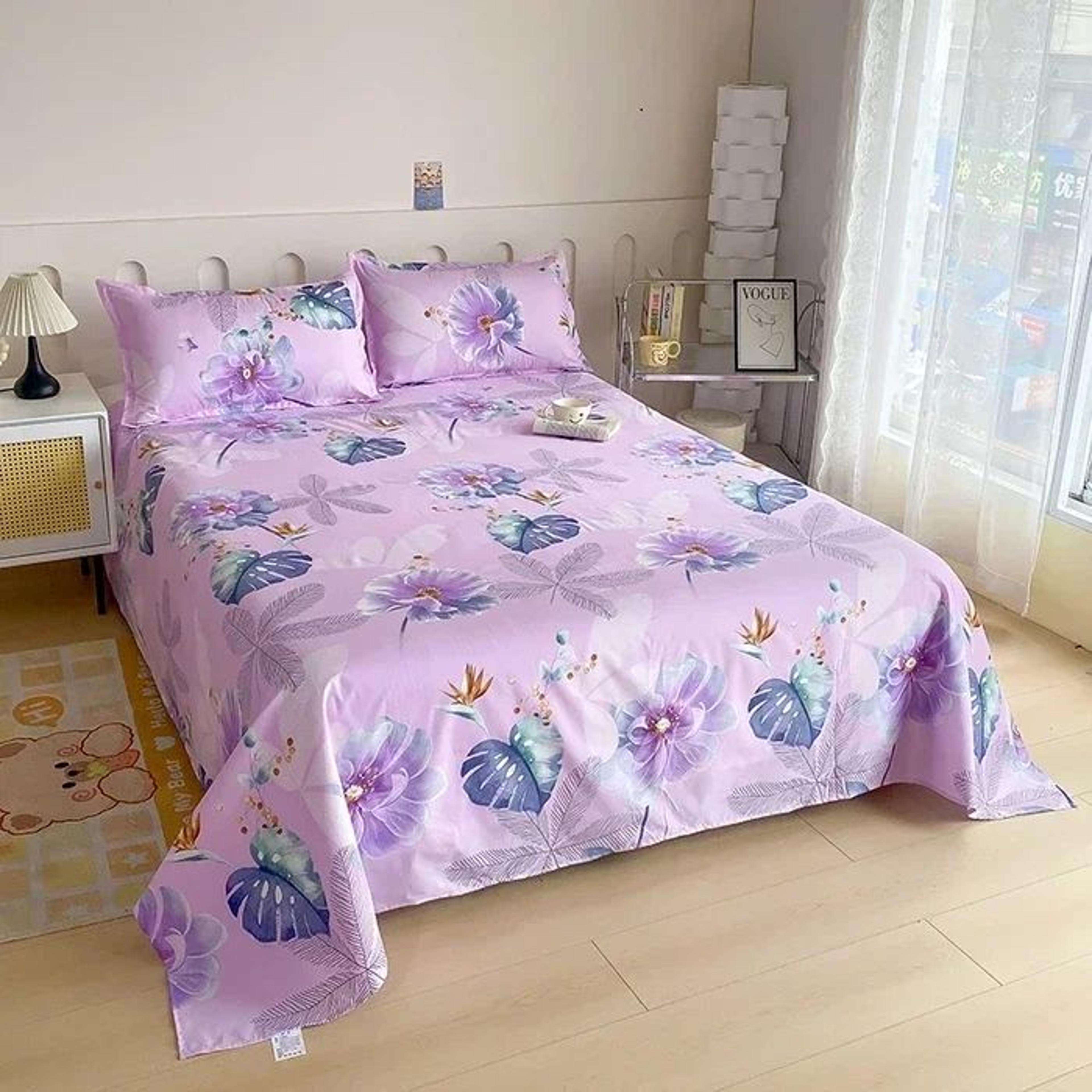 Red Floral Printed Flat Bed Sheet For Single Double Queen And King Beds 21