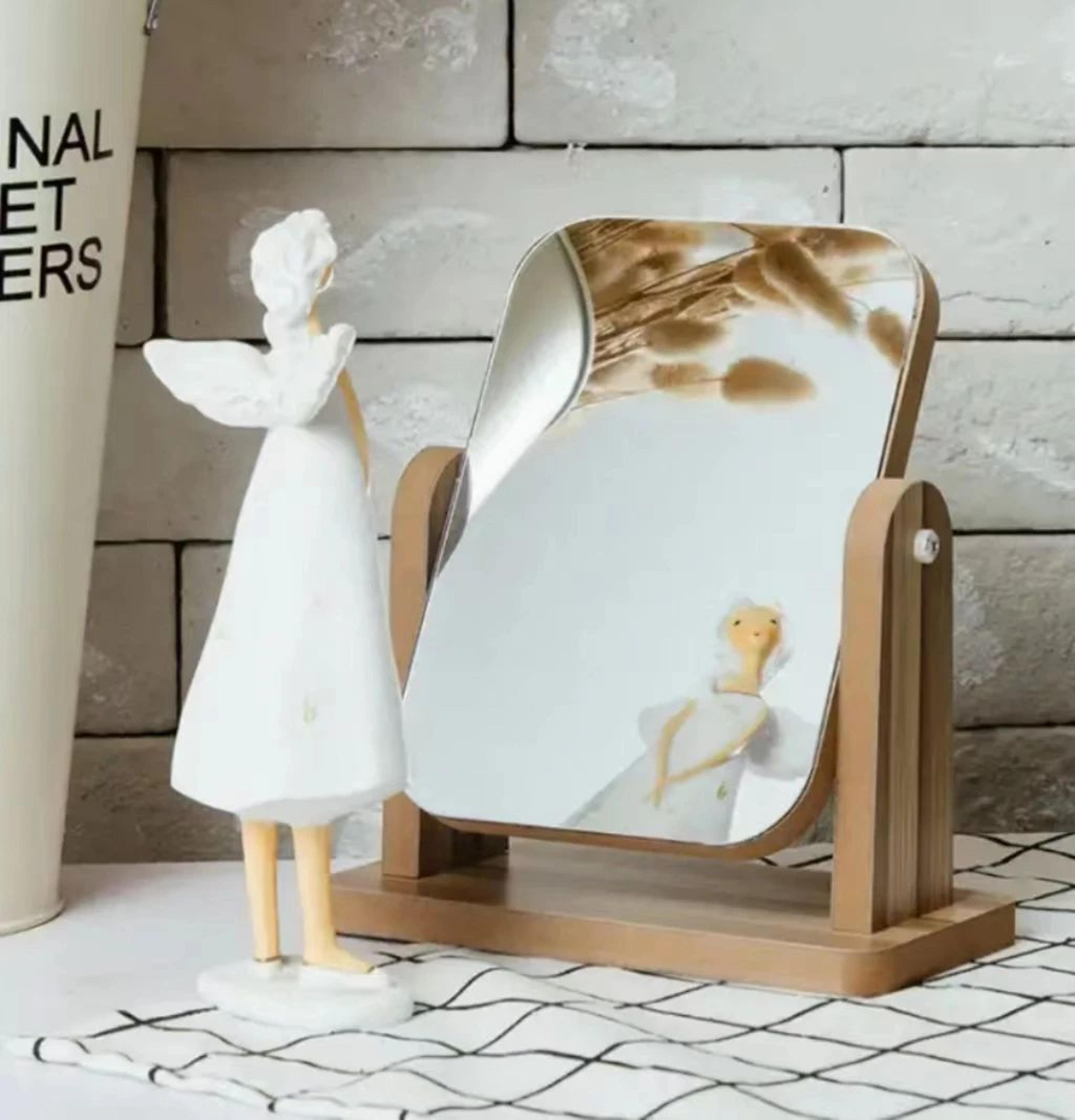 Wooden Rectangle Rotating Desktop Makeup Mirror 7