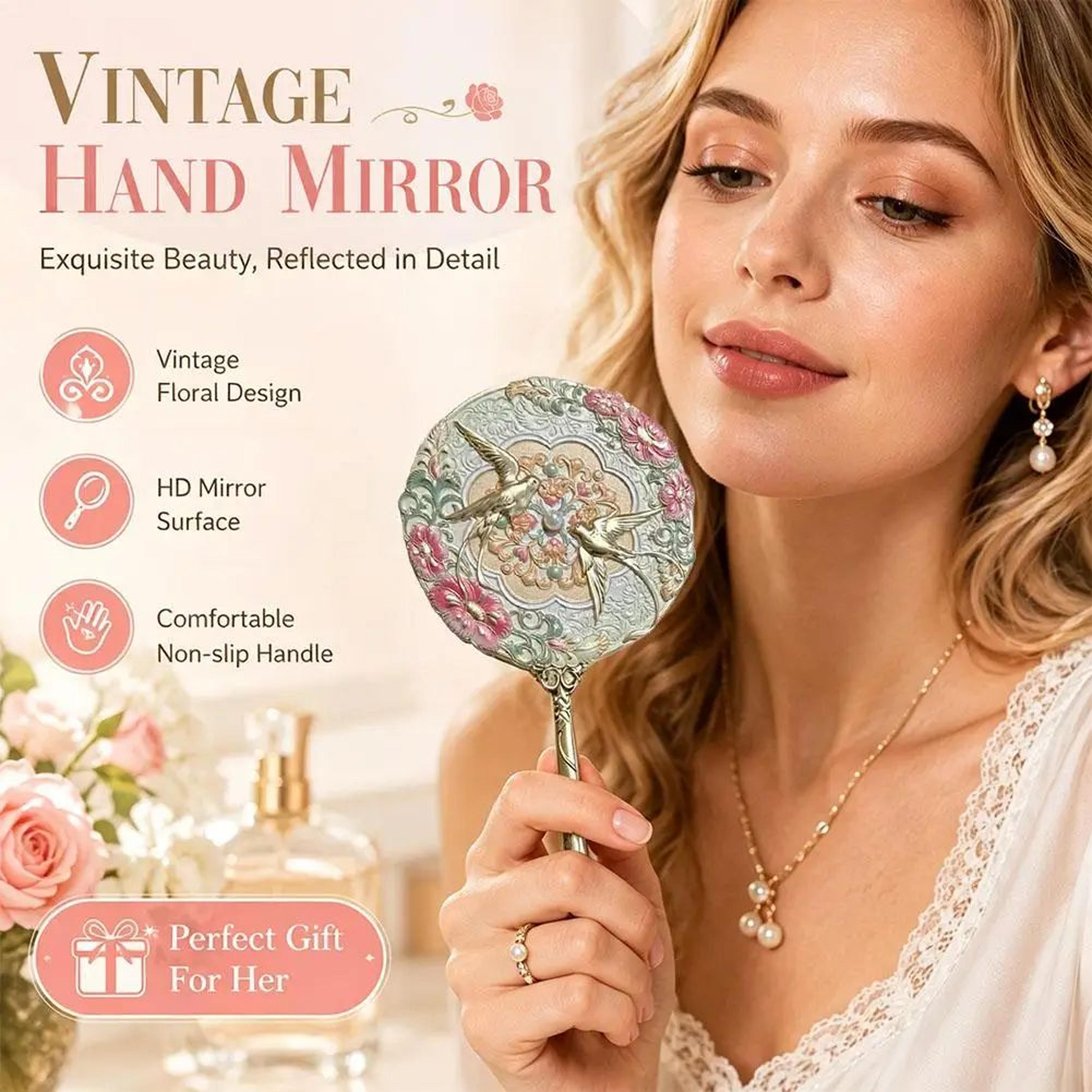 Vintage Chinese Peony Flower Handheld Pocket Makeup Mirror 5
