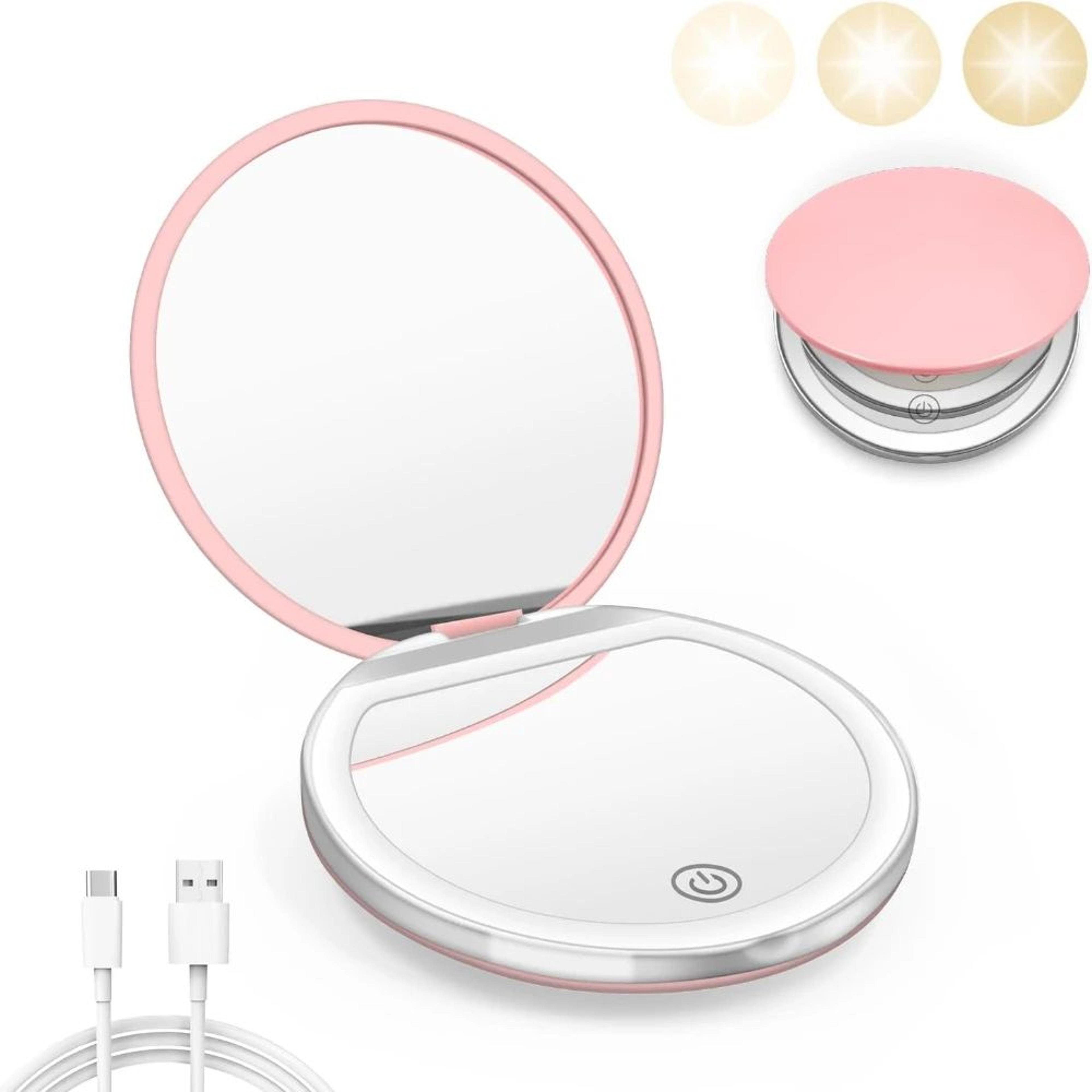 led compact pocket makeup mirror with 1x and 3x magnification