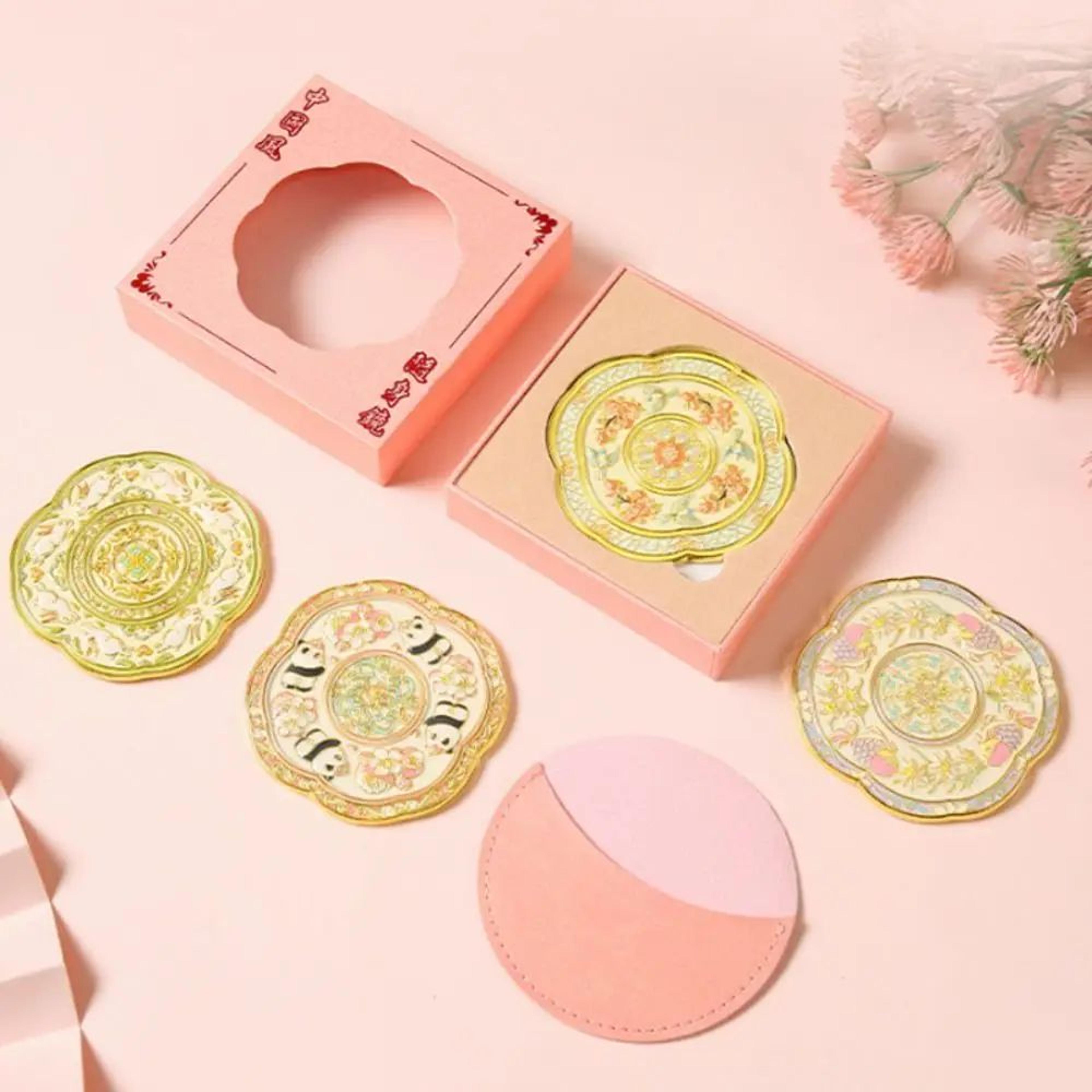 Chinese Style Embossed Floral Handheld Pocket Makeup Mirror 3