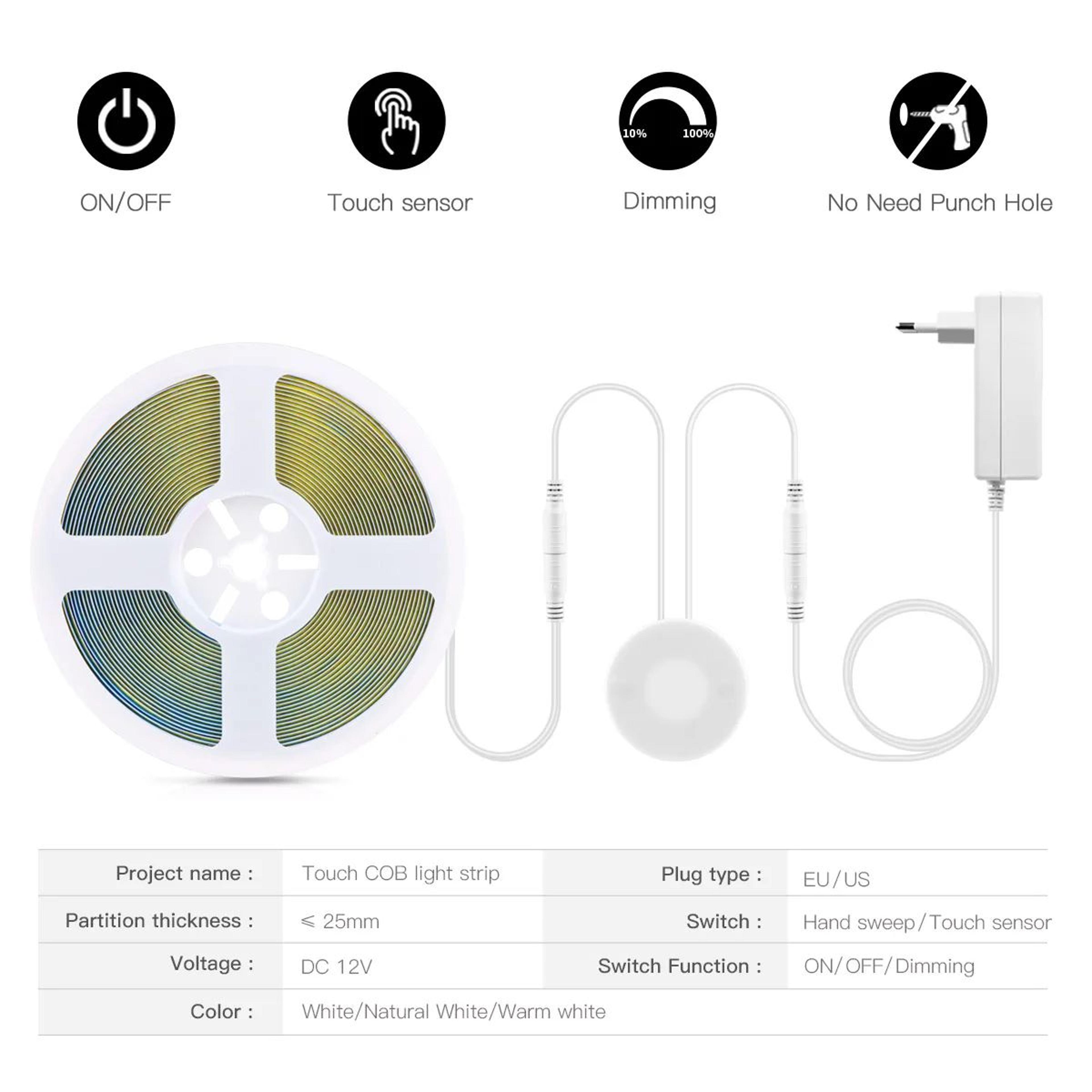Dimmable COB LED Light Strip With Wireless Touch Sensor 1