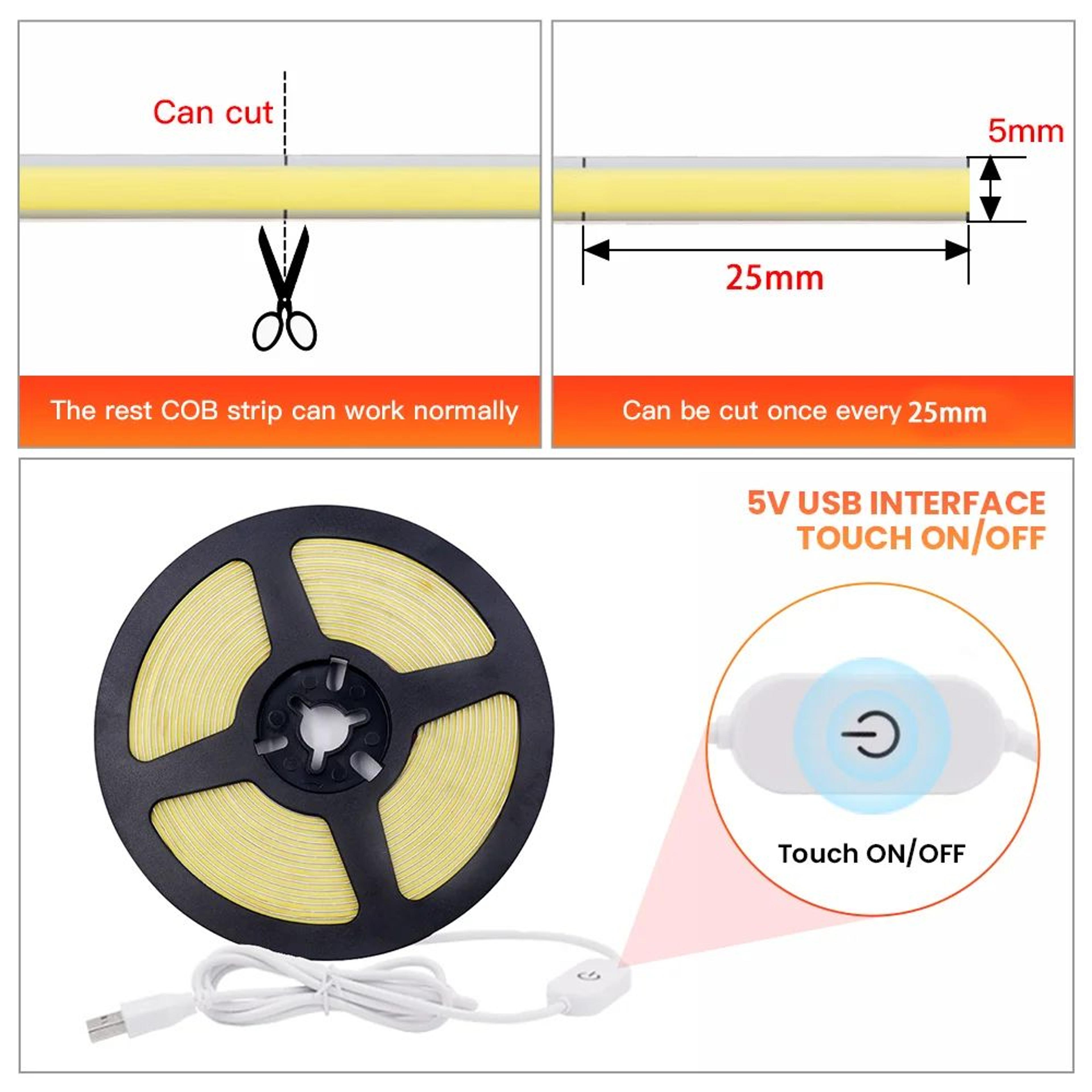 USB COB LED Light Strip With Touch Dimmer 3