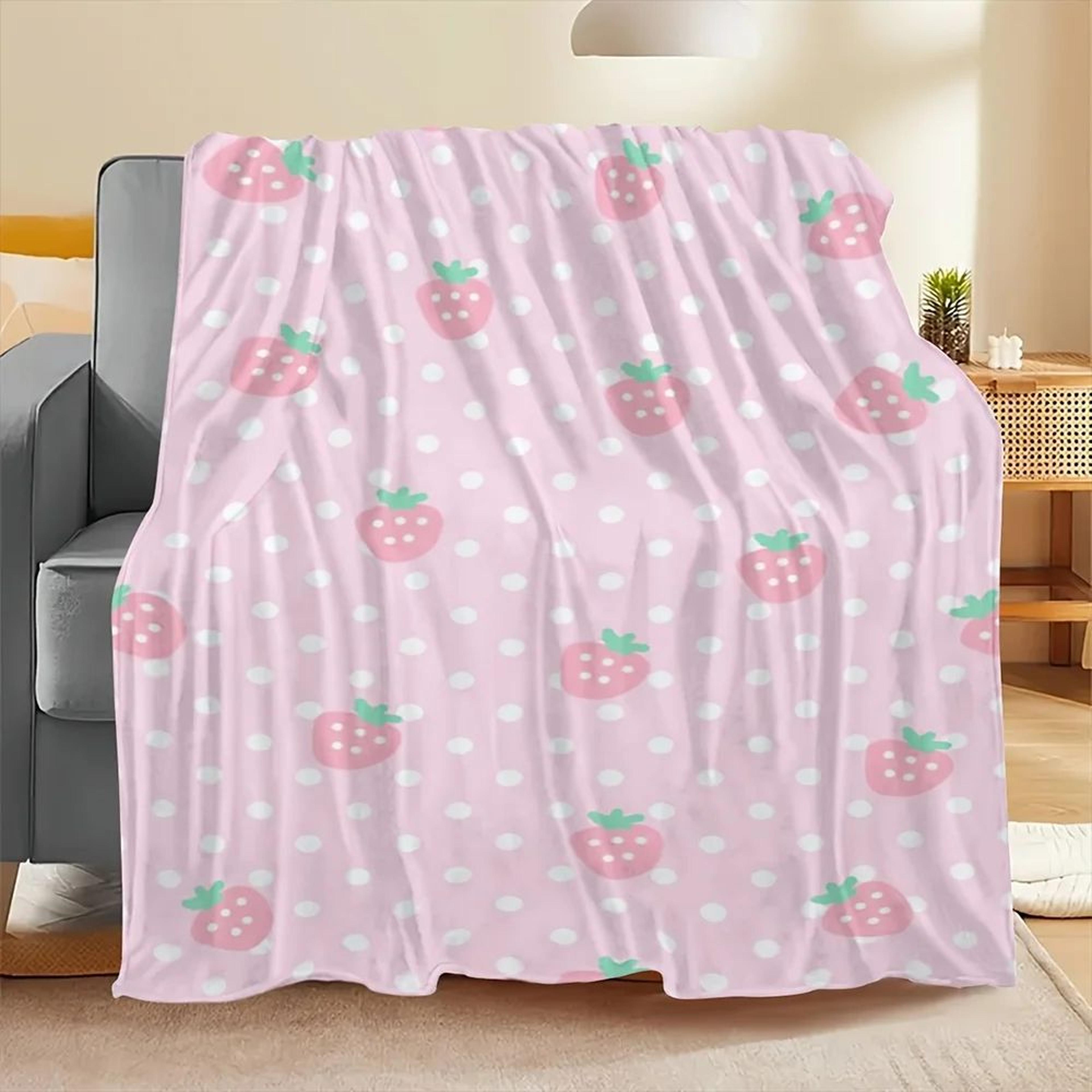 Pink Strawberry Polka Dot Soft Flannel Throw Blanket 1