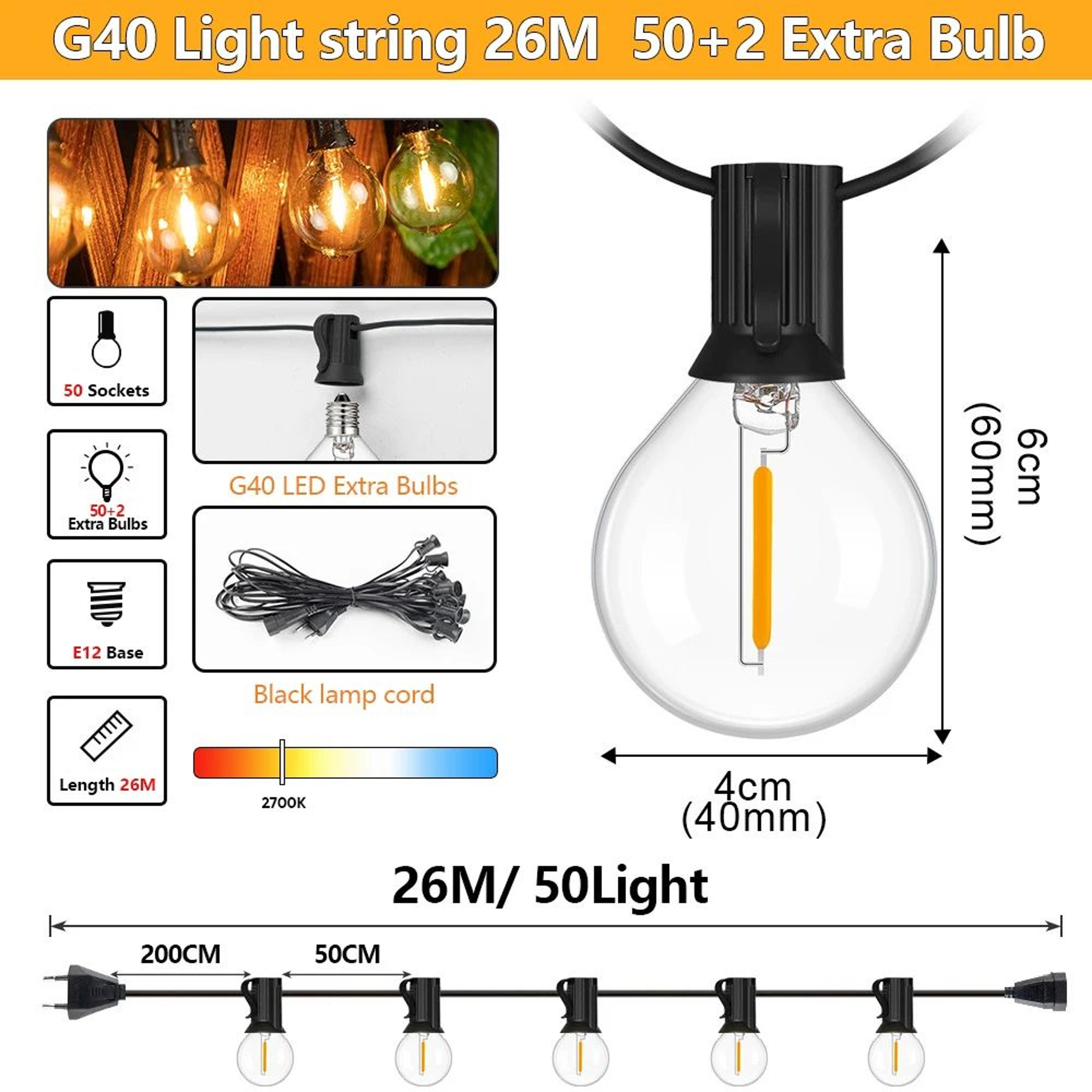 Outdoor G40 LED String Lights With Shatterproof Bulbs 12