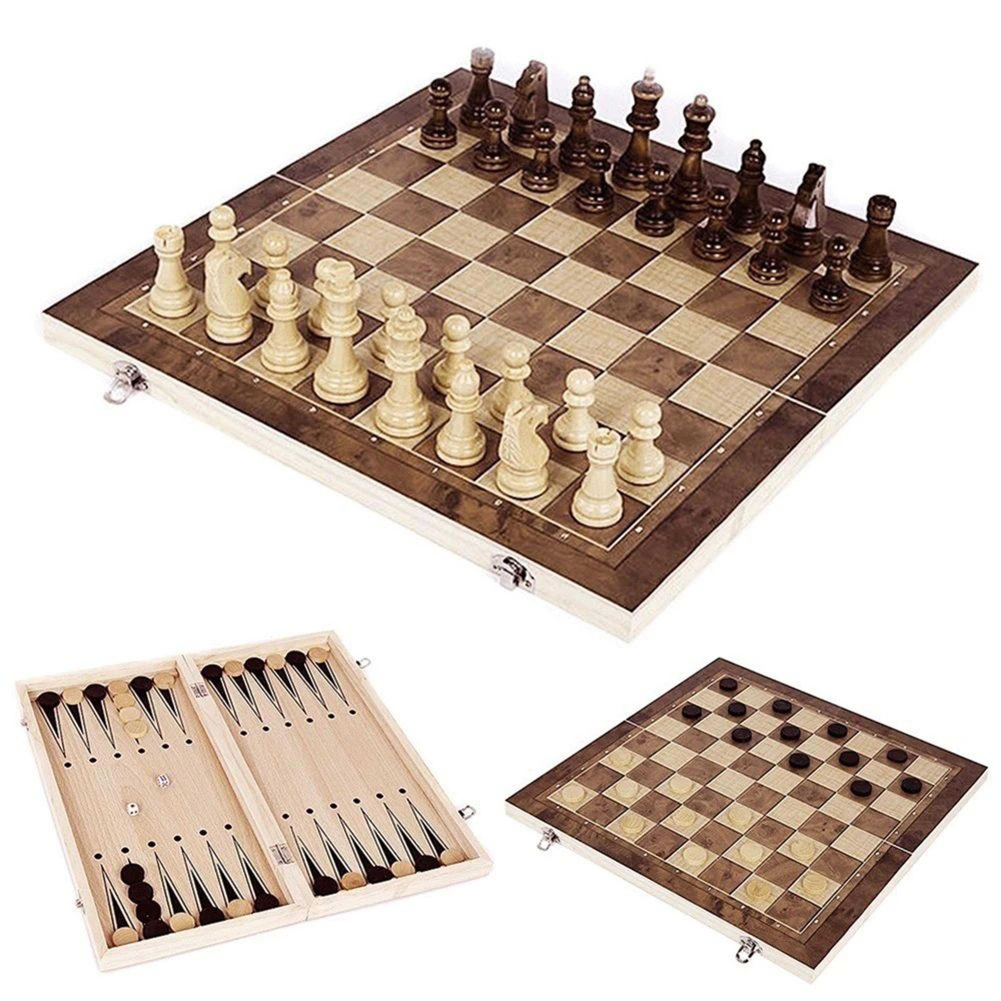 3 In 1 Folding Wooden Chess Checkers Game Board Set With Storage 1