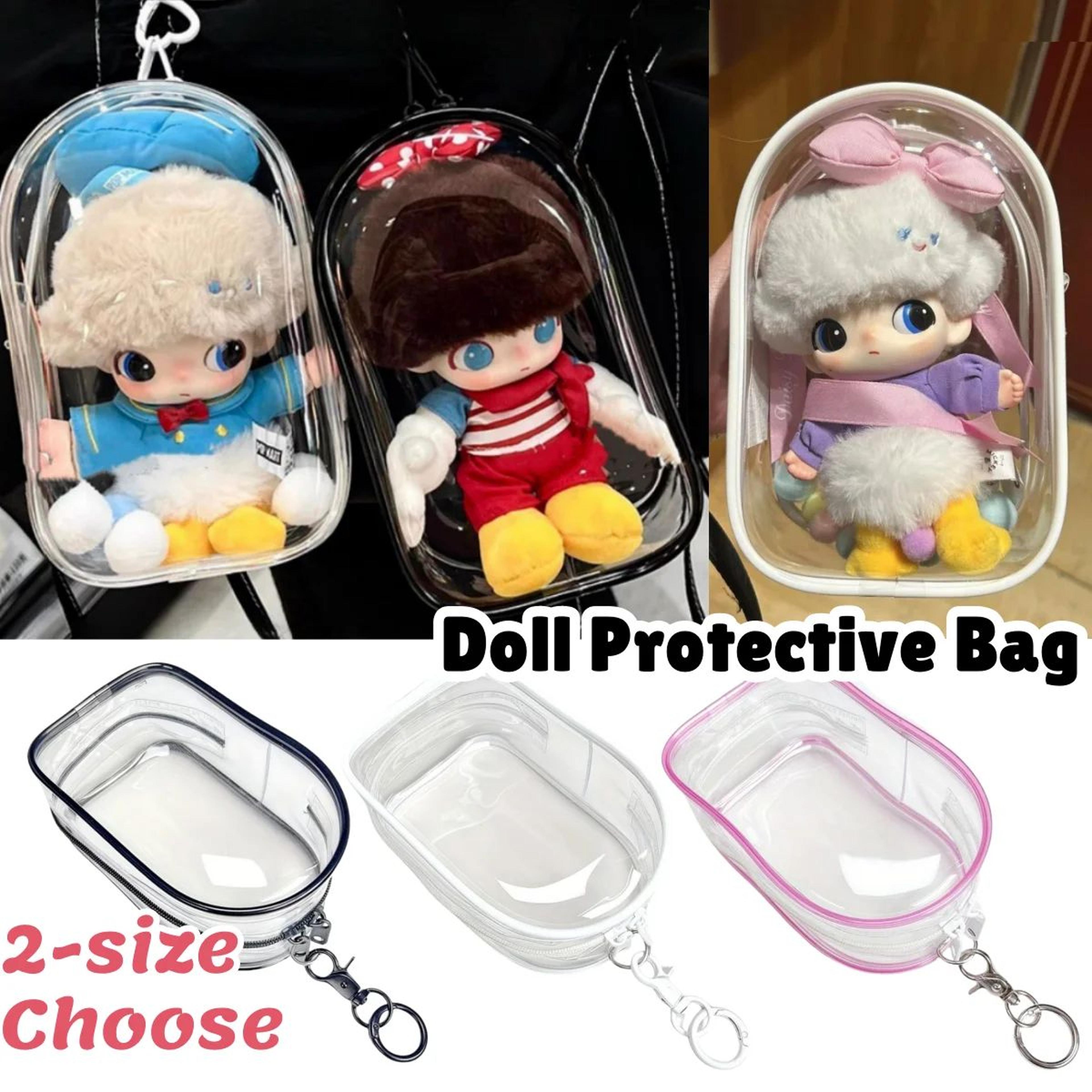 transparent doll display bag with hook for storage and protection