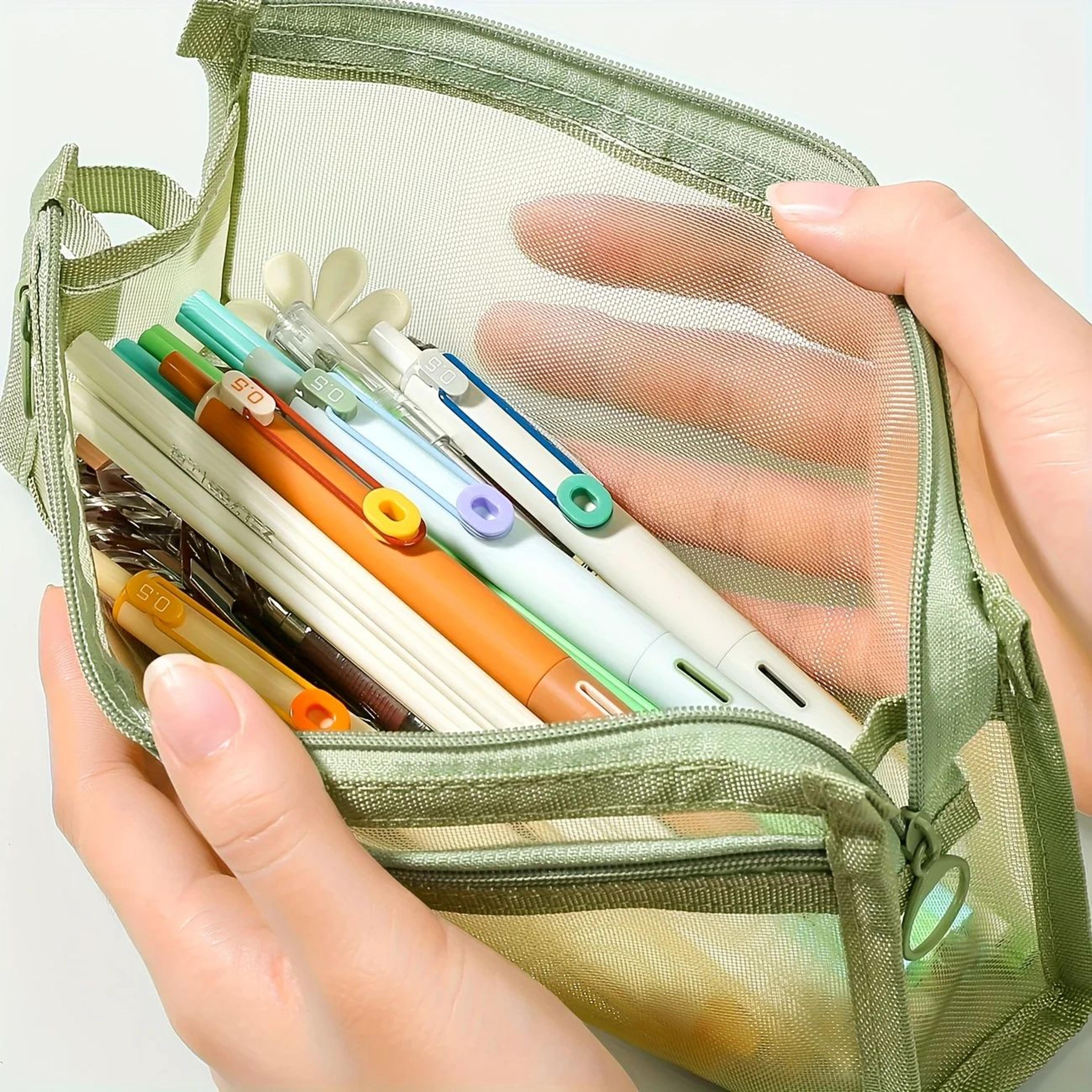 Morandi Double Layer Mesh Pencil Case With Handle 5