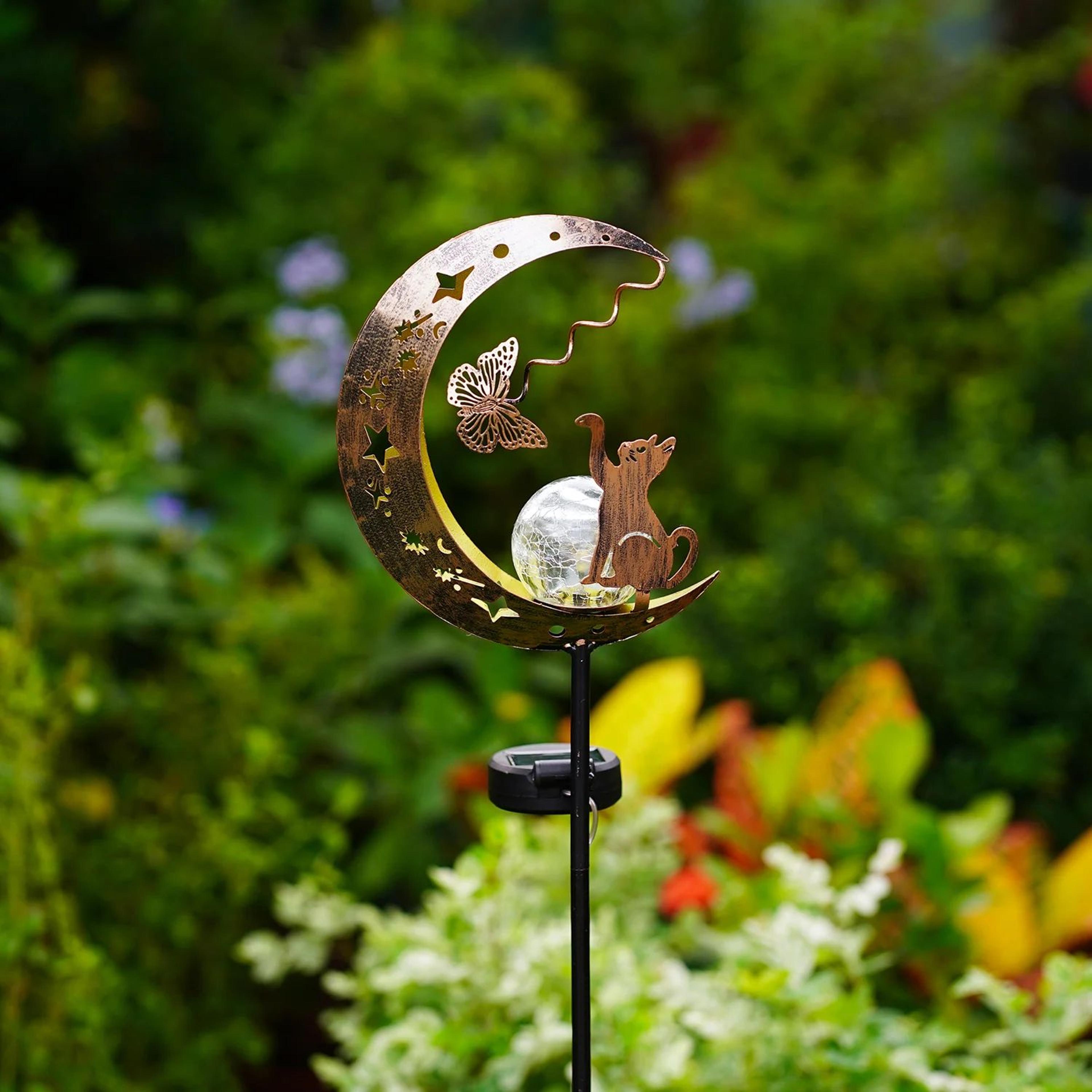 solar cat paw butterfly moon and stars garden light
