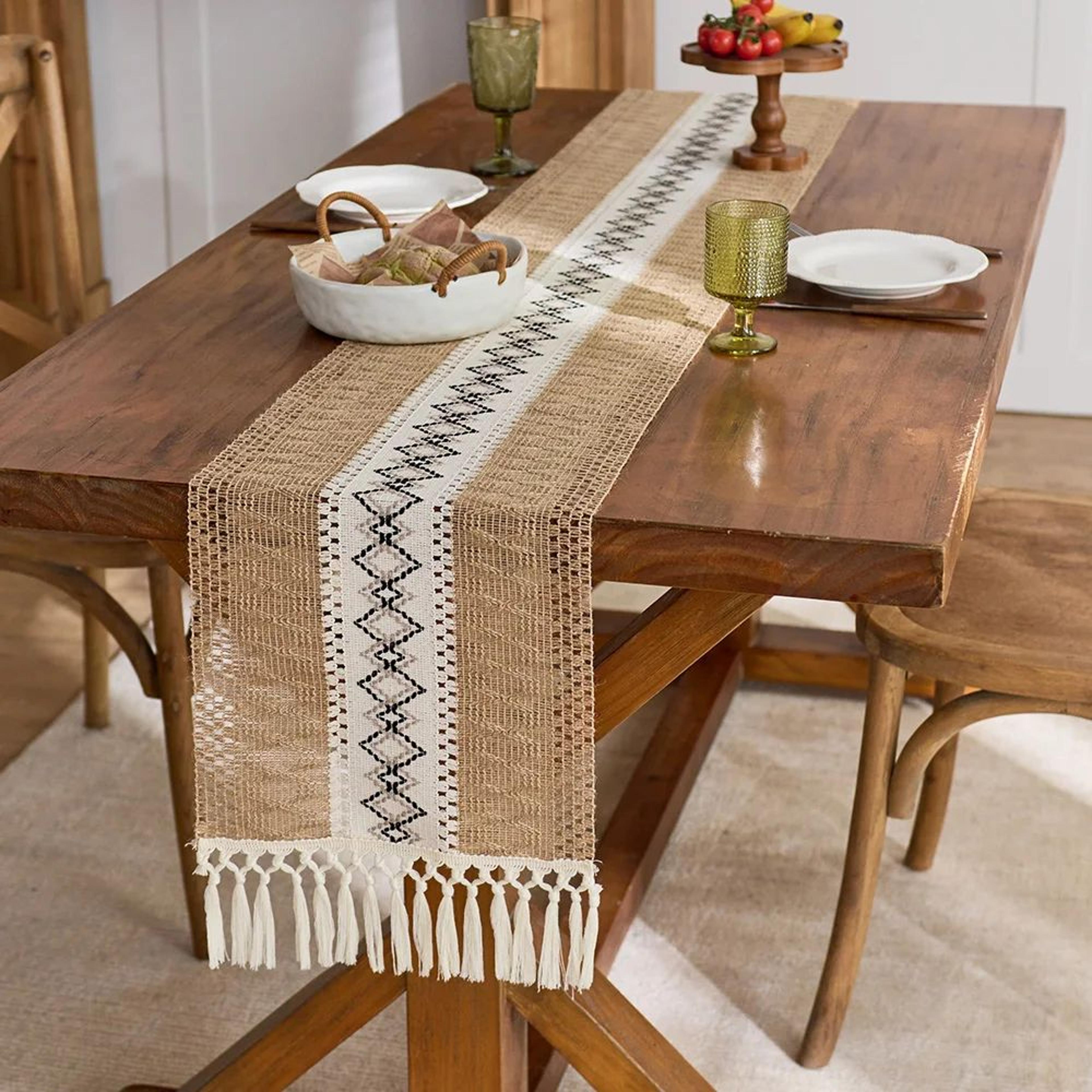 Rustic Brown Boho Table Runner With Tassels For Farmhouse Decor 2