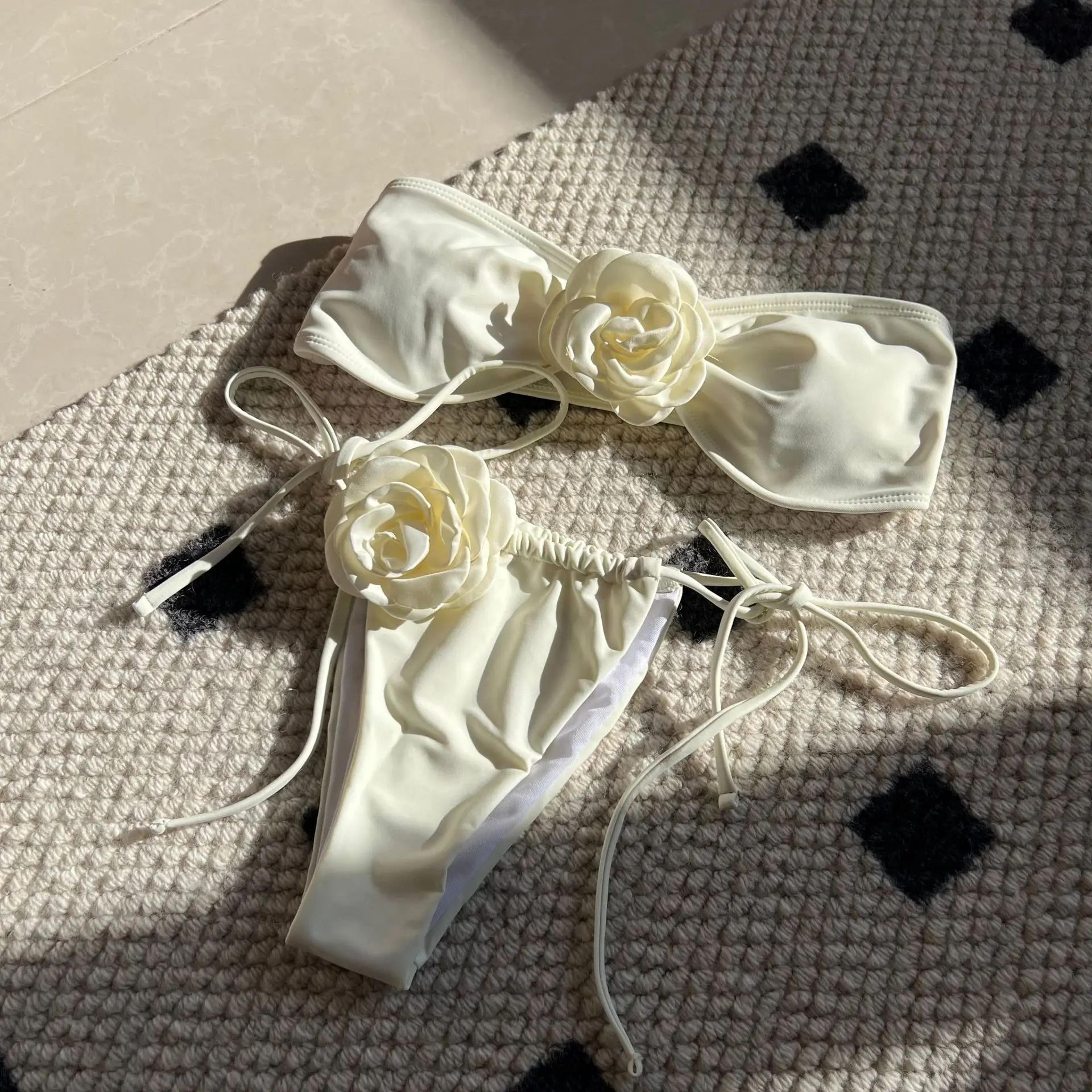 White Lace Up Bikini Set With Low Waist Bottoms 3