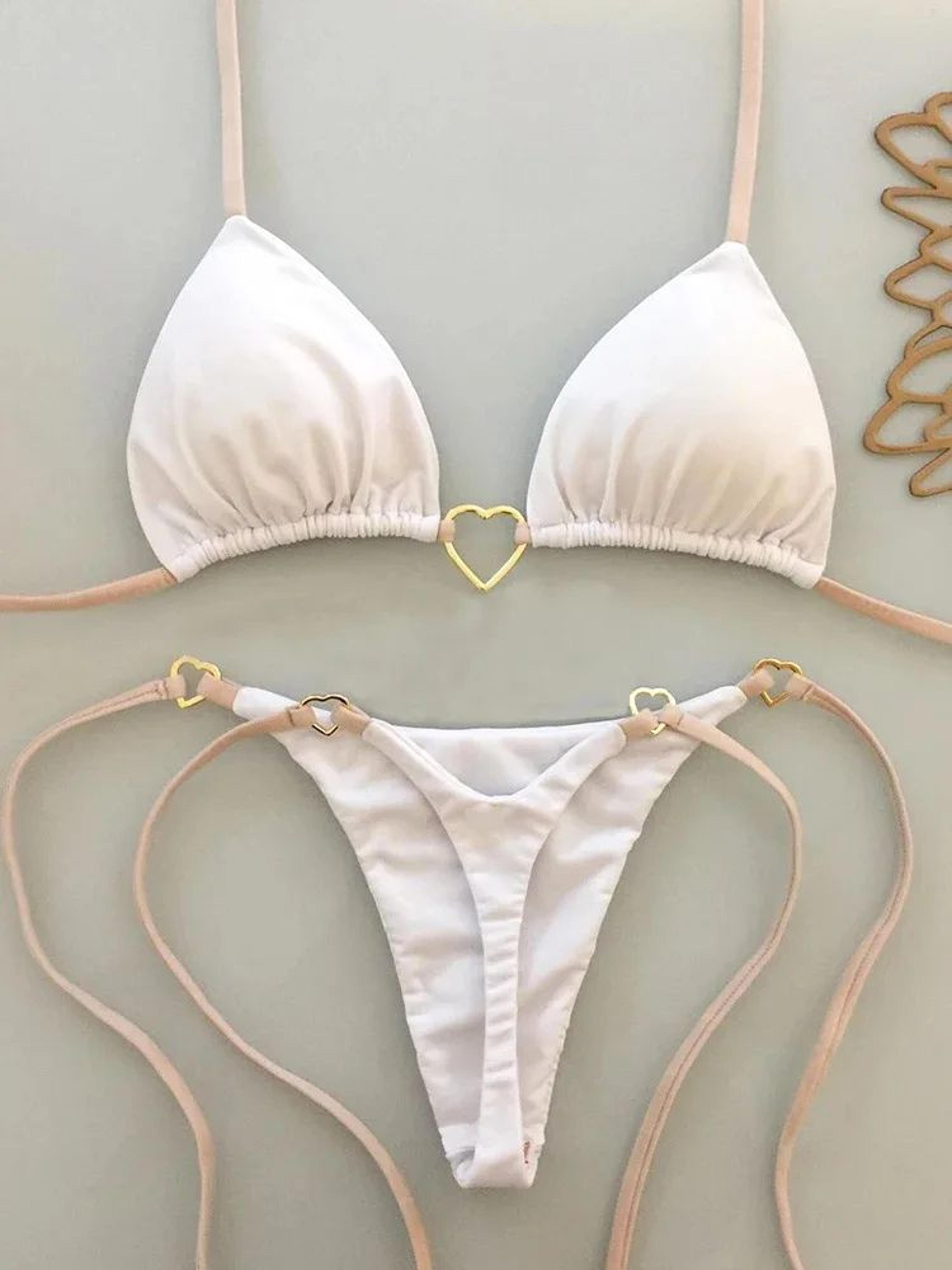 White Lace Up Bikini Set With Low Waist Bottoms 5
