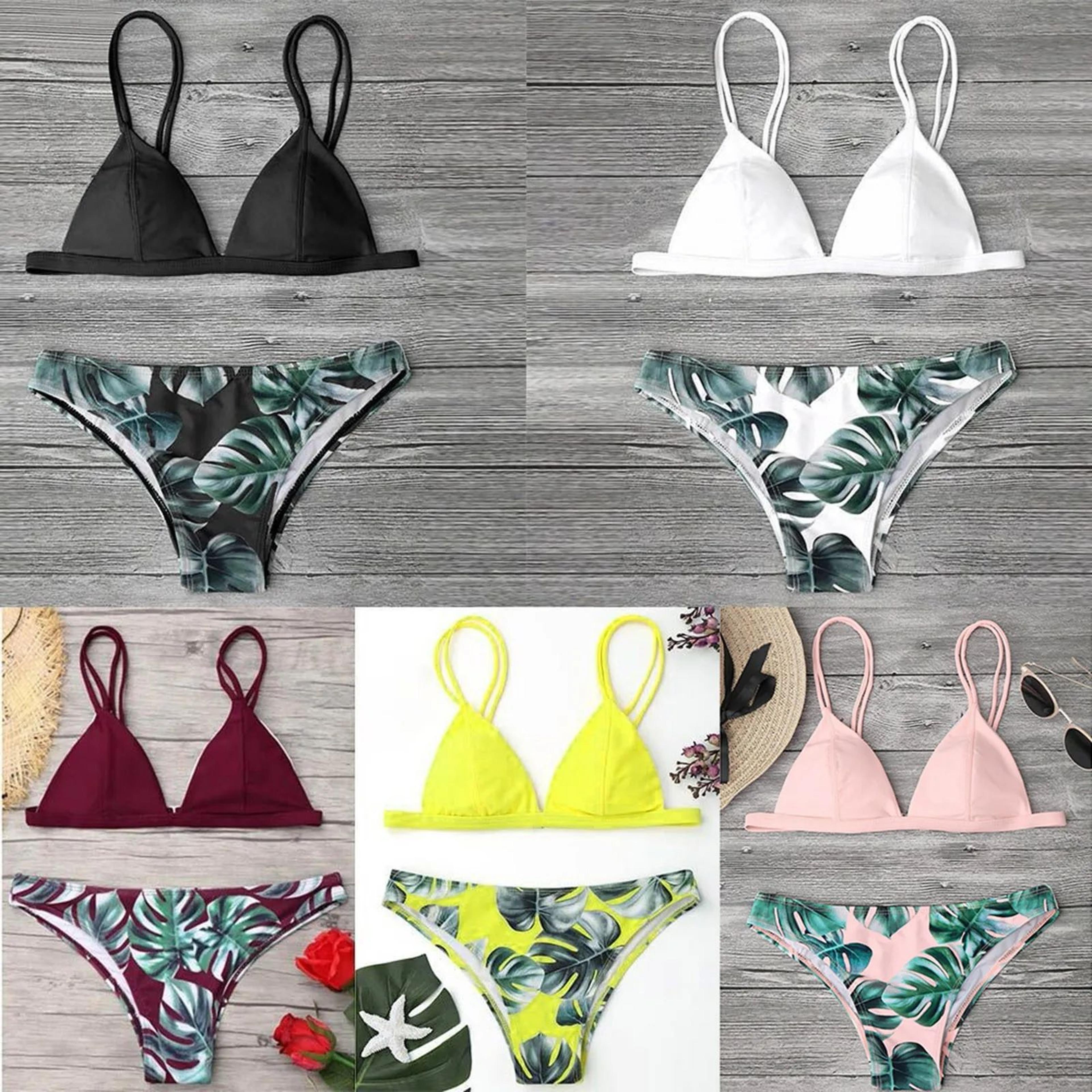 Women Leaf Print Bikini Set With Padded Push Up Top 2