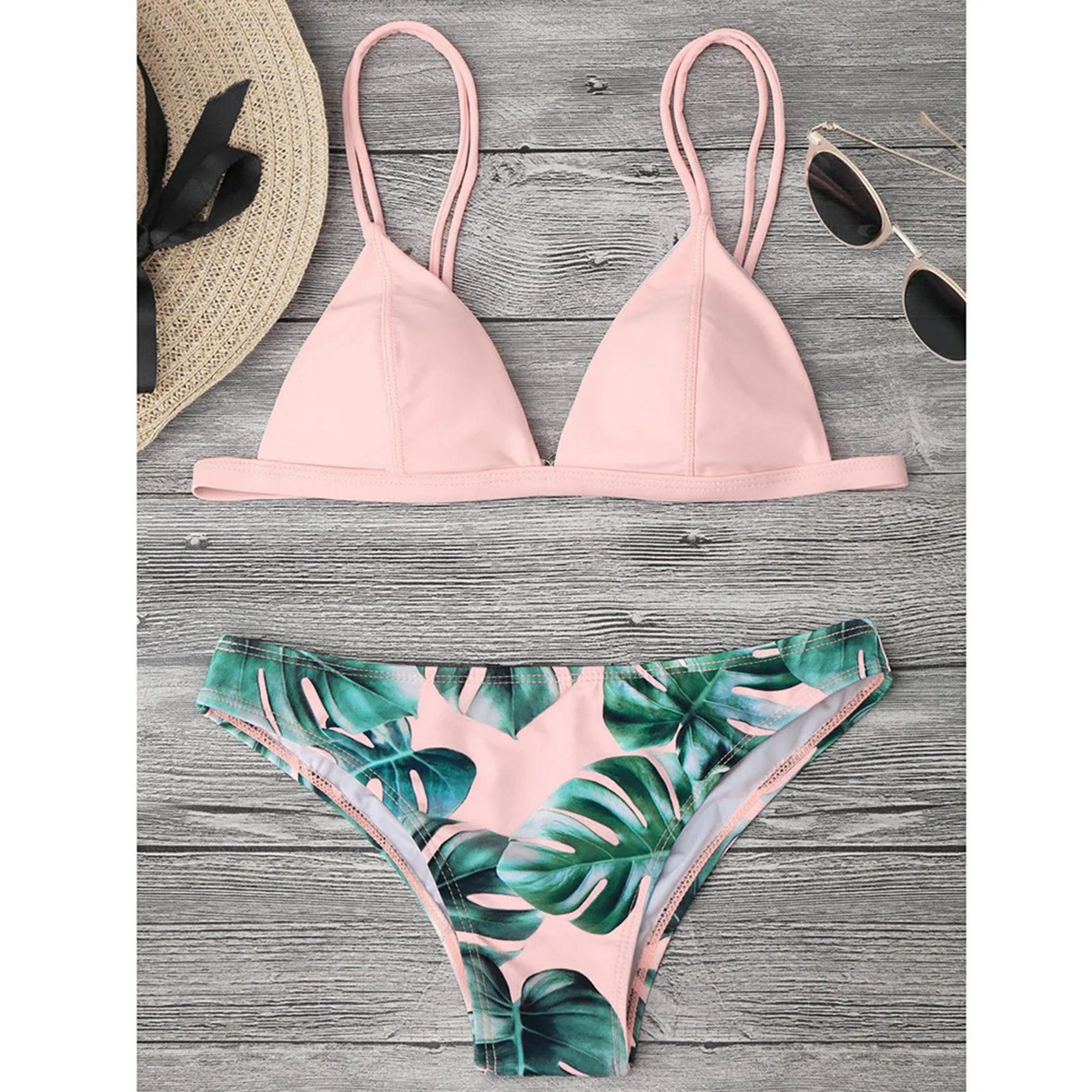 women leaf print bikini set with padded push up top