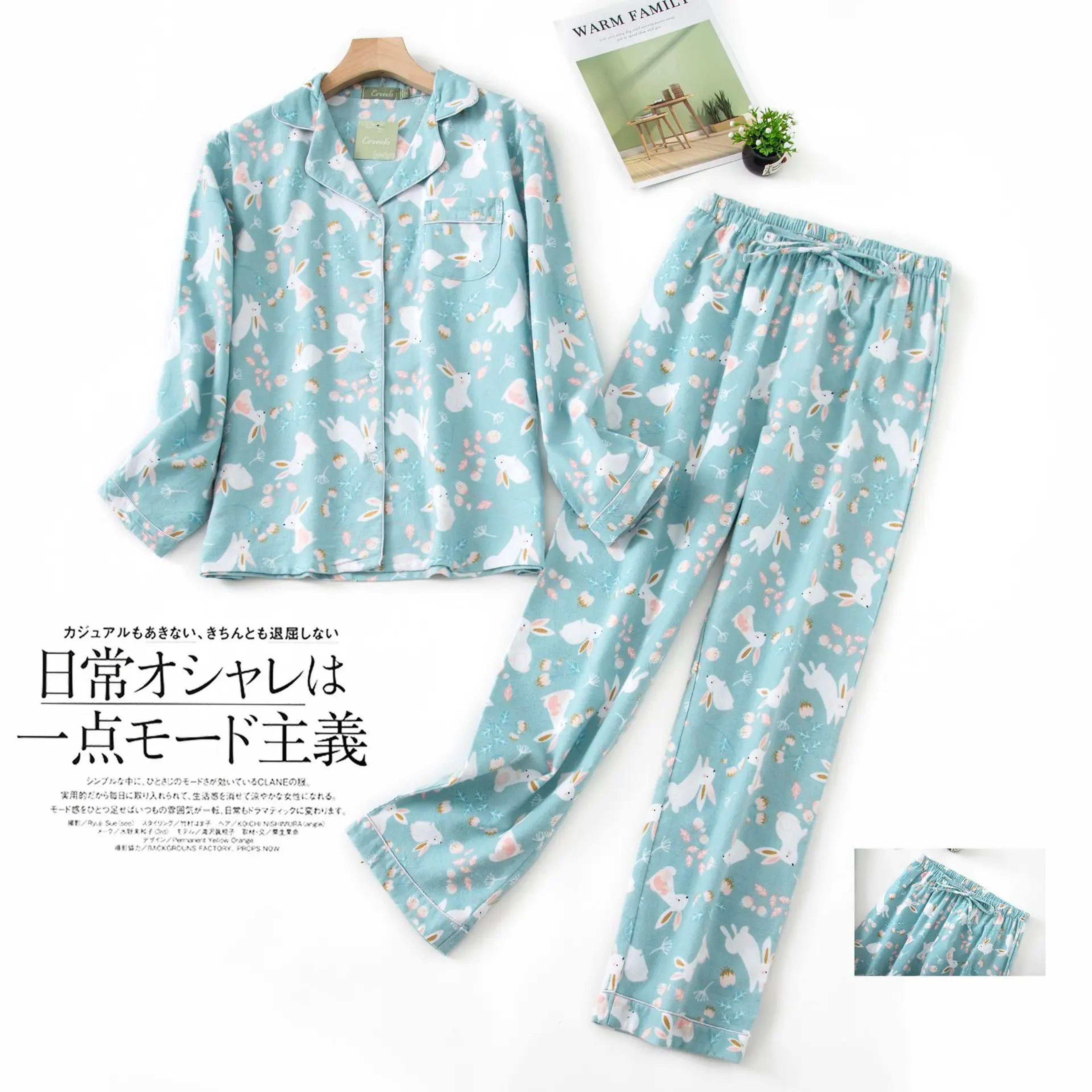 Women Warm Cartoon Pajama Set Long Sleeve Winter Sleepwear 16