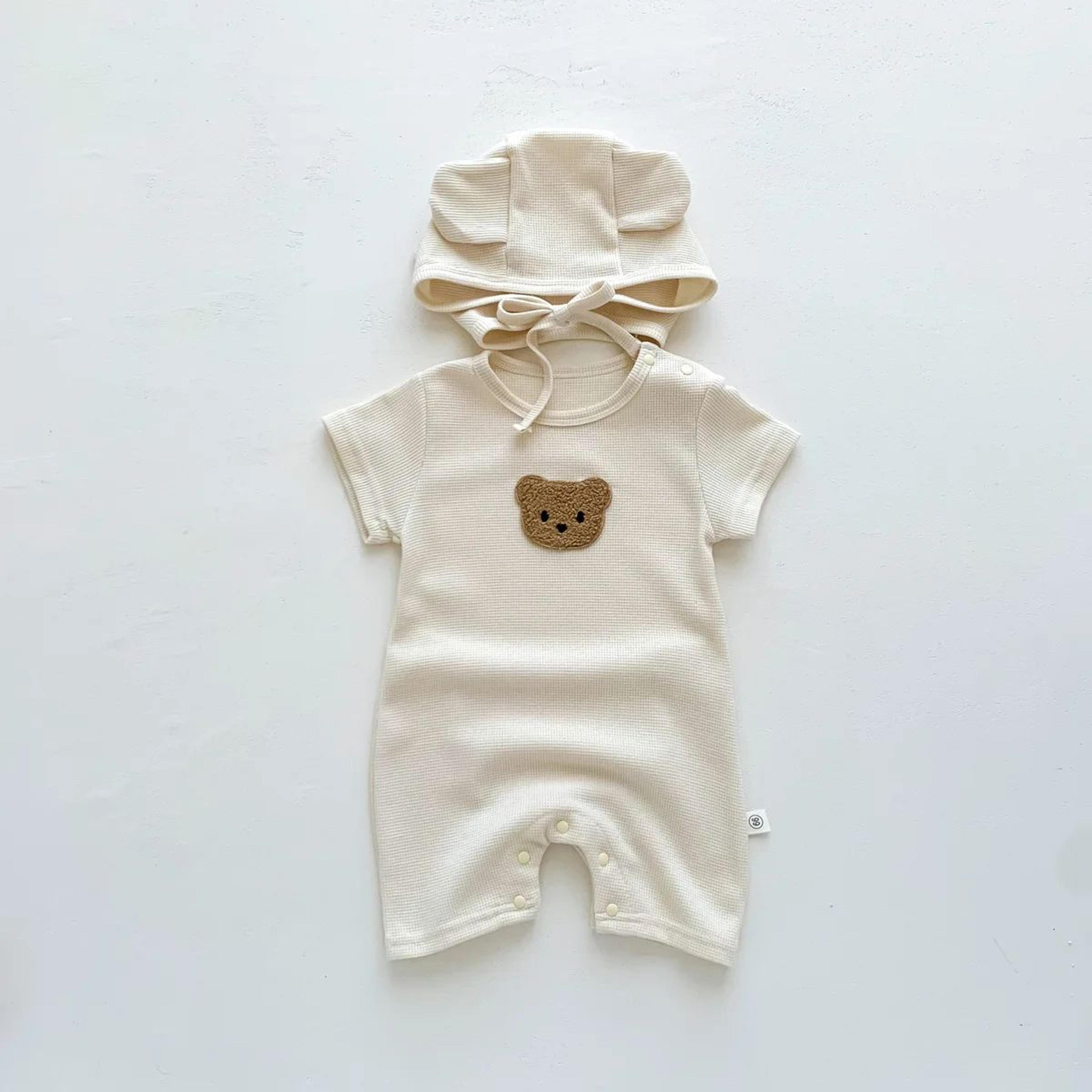 Baby Cotton Waffle Bear Romper With Ear Detail Hat 2