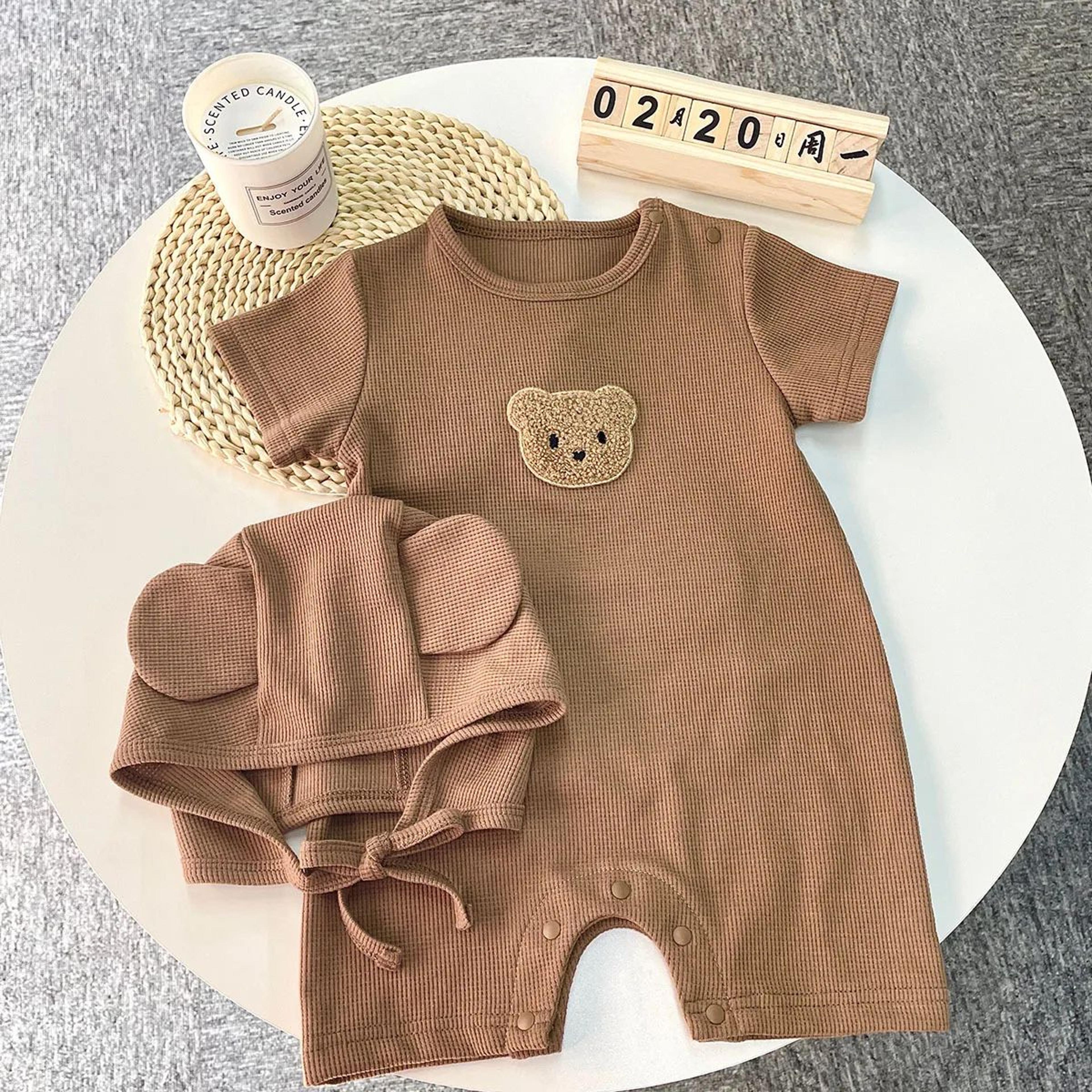 Baby Cotton Waffle Bear Romper With Ear Detail Hat 15