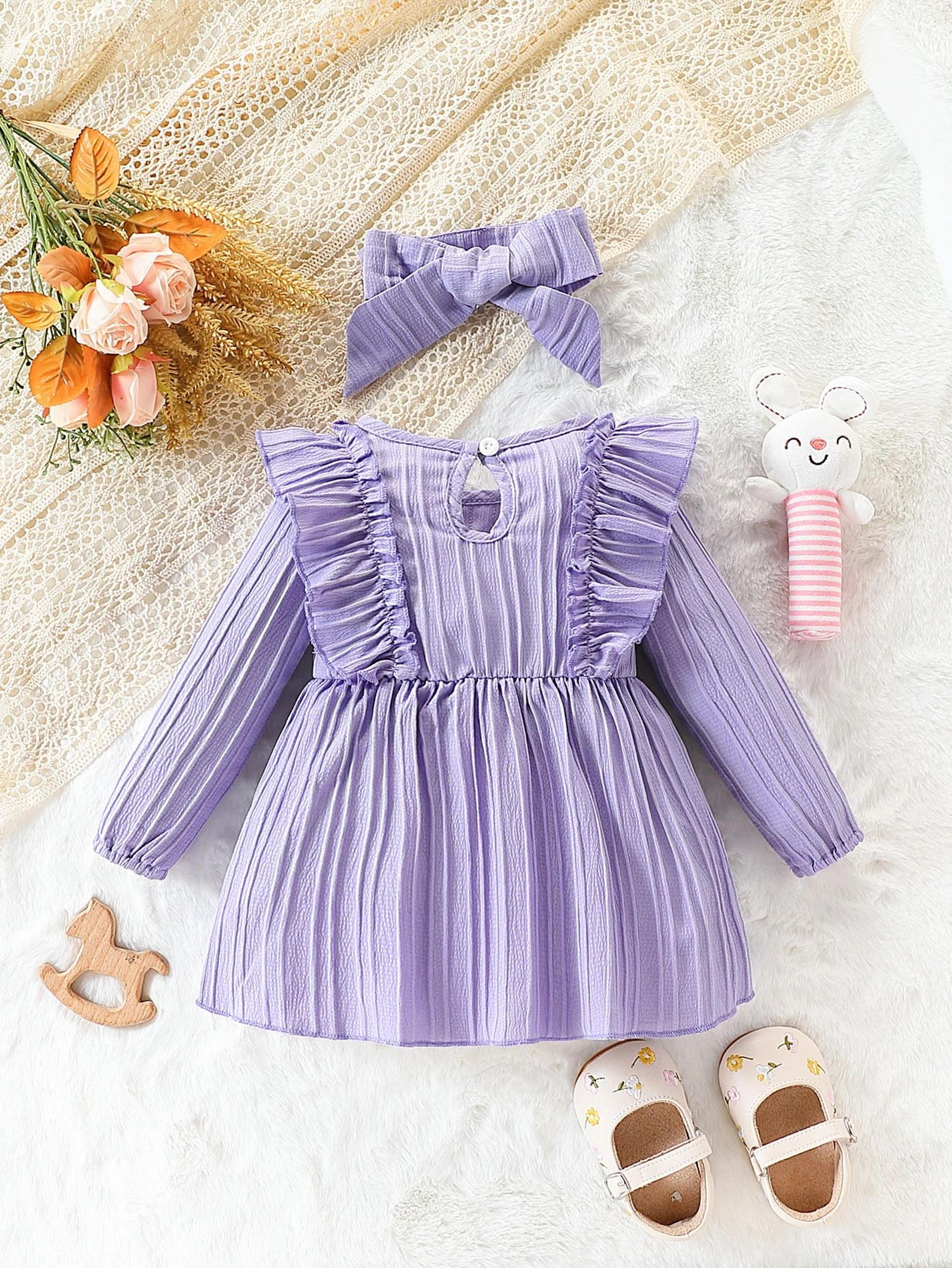Baby Girl Purple Butterfly Ruffle Dress With Matching Headband 1