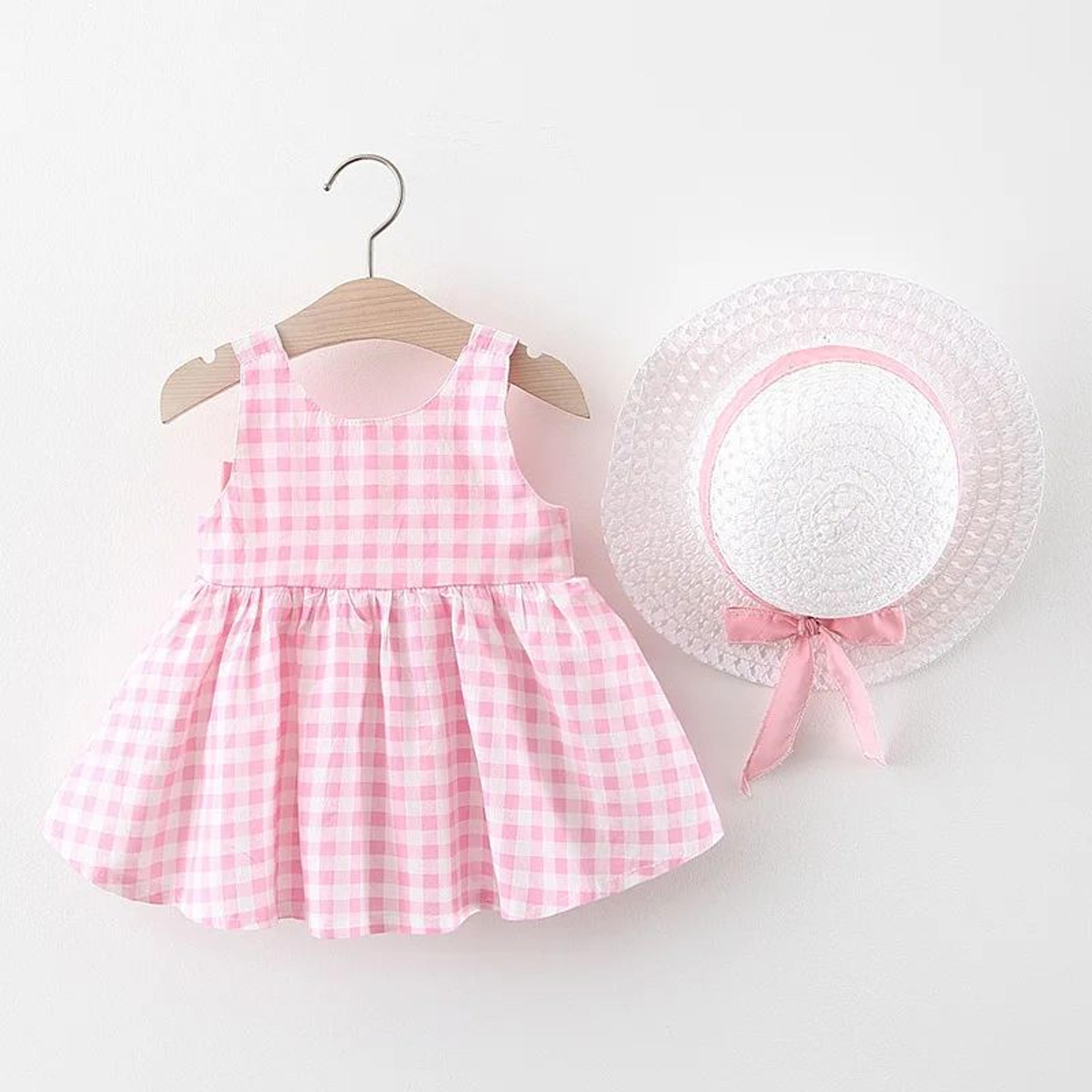 Baby Girl Cotton Plaid Summer Dress With Bow And Sunhat 1