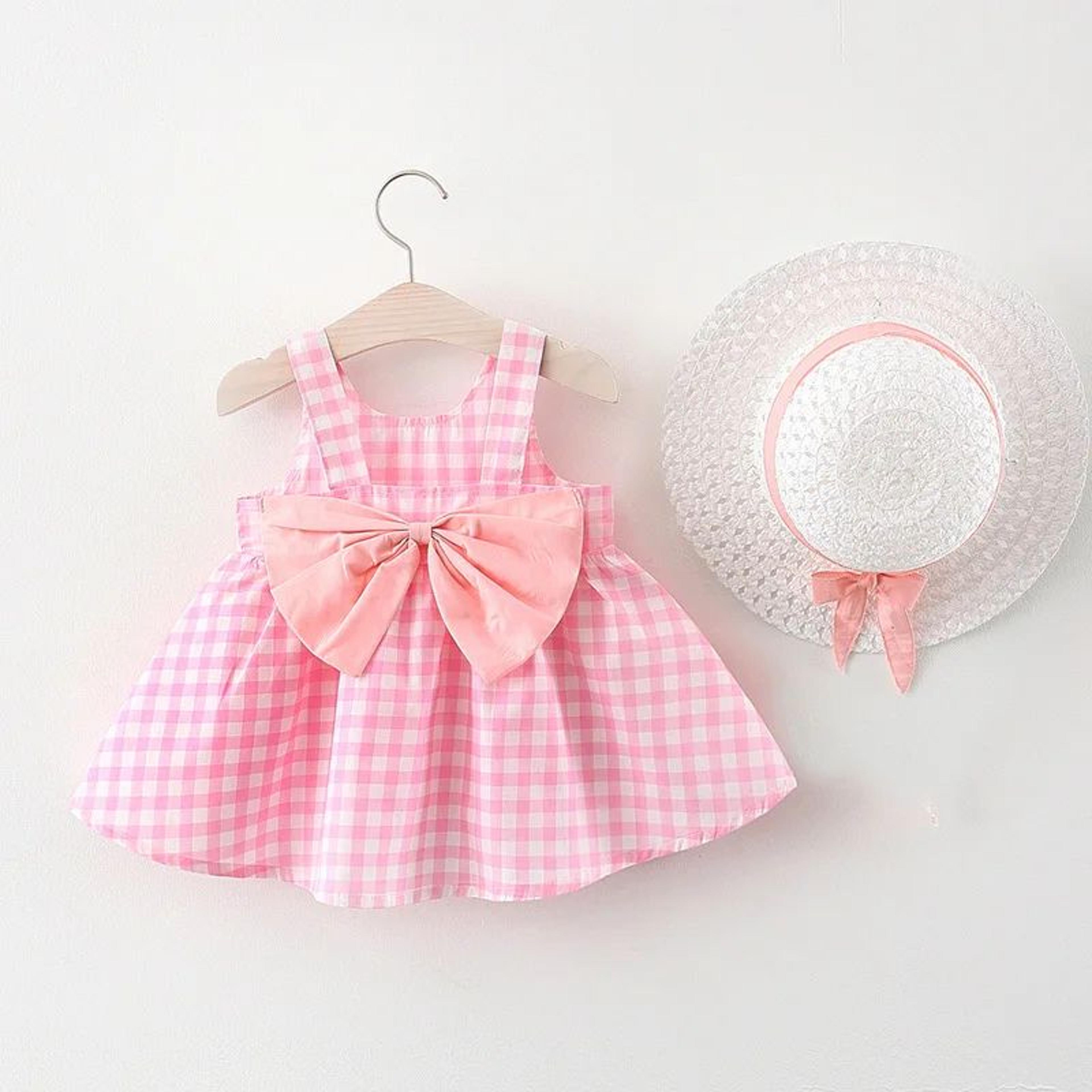 Baby Girl Cotton Plaid Summer Dress With Bow And Sunhat 6