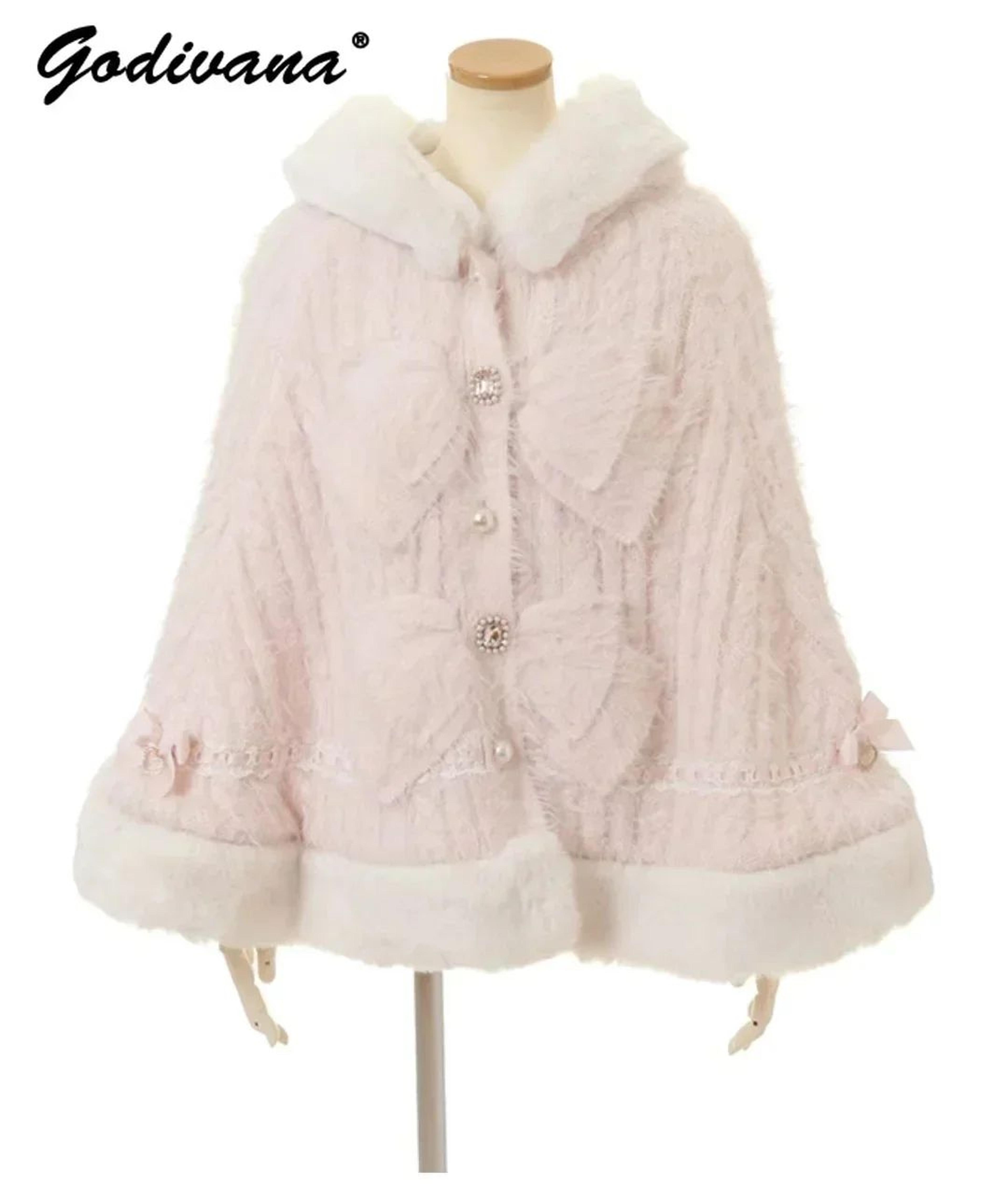 Women Hooded Double Layer Knitted Cape With Large Ribbon 1