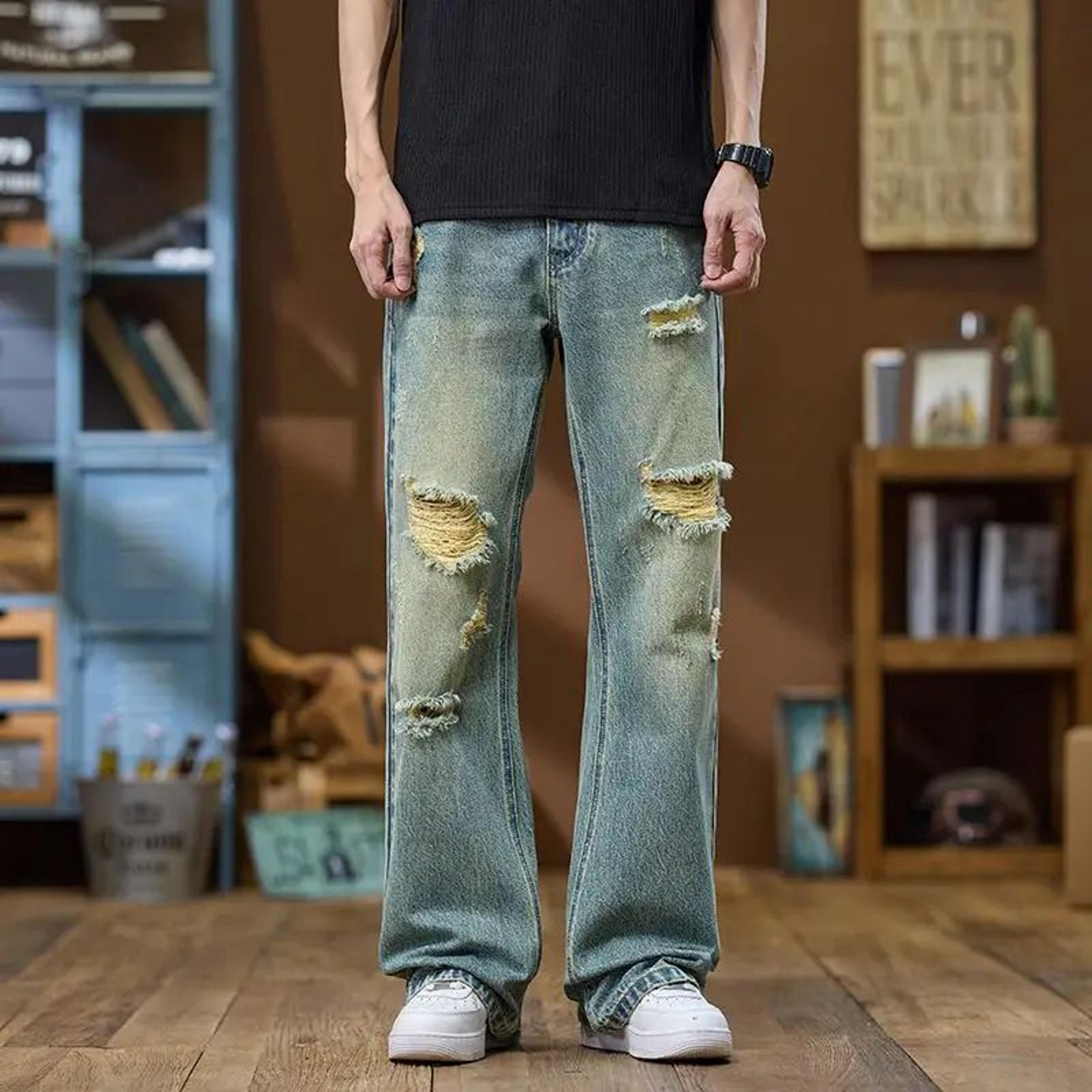 KSTUN Mens Blue Flared Jeans Full Length Bootcut Denim Pants 10