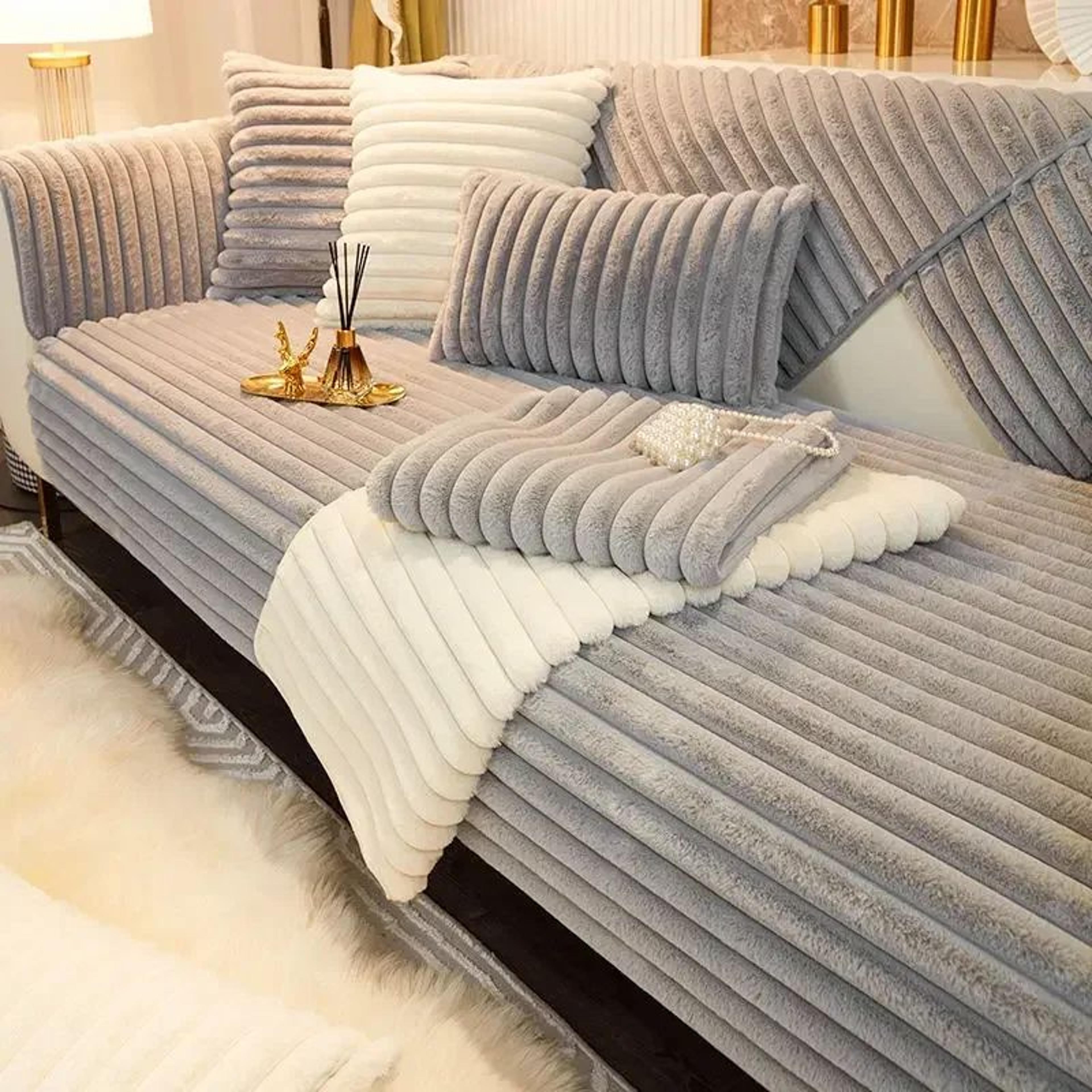 Soft Rabbit Plush Quilted Sofa Cover For Cozy Winter Seating 0