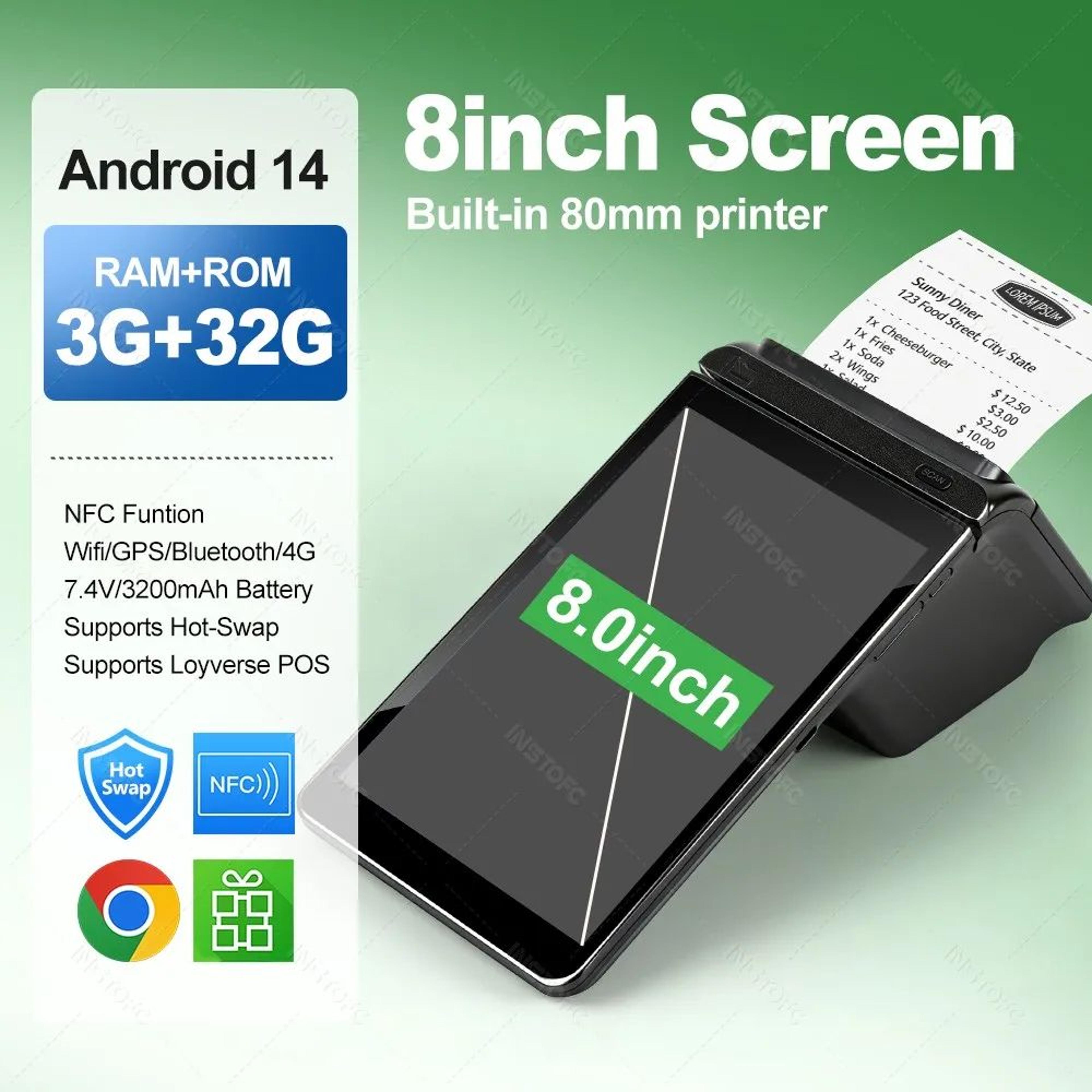 Android 14 All In One POS Terminal With Receipt Printer 3GB RAM 32GB Storage 14