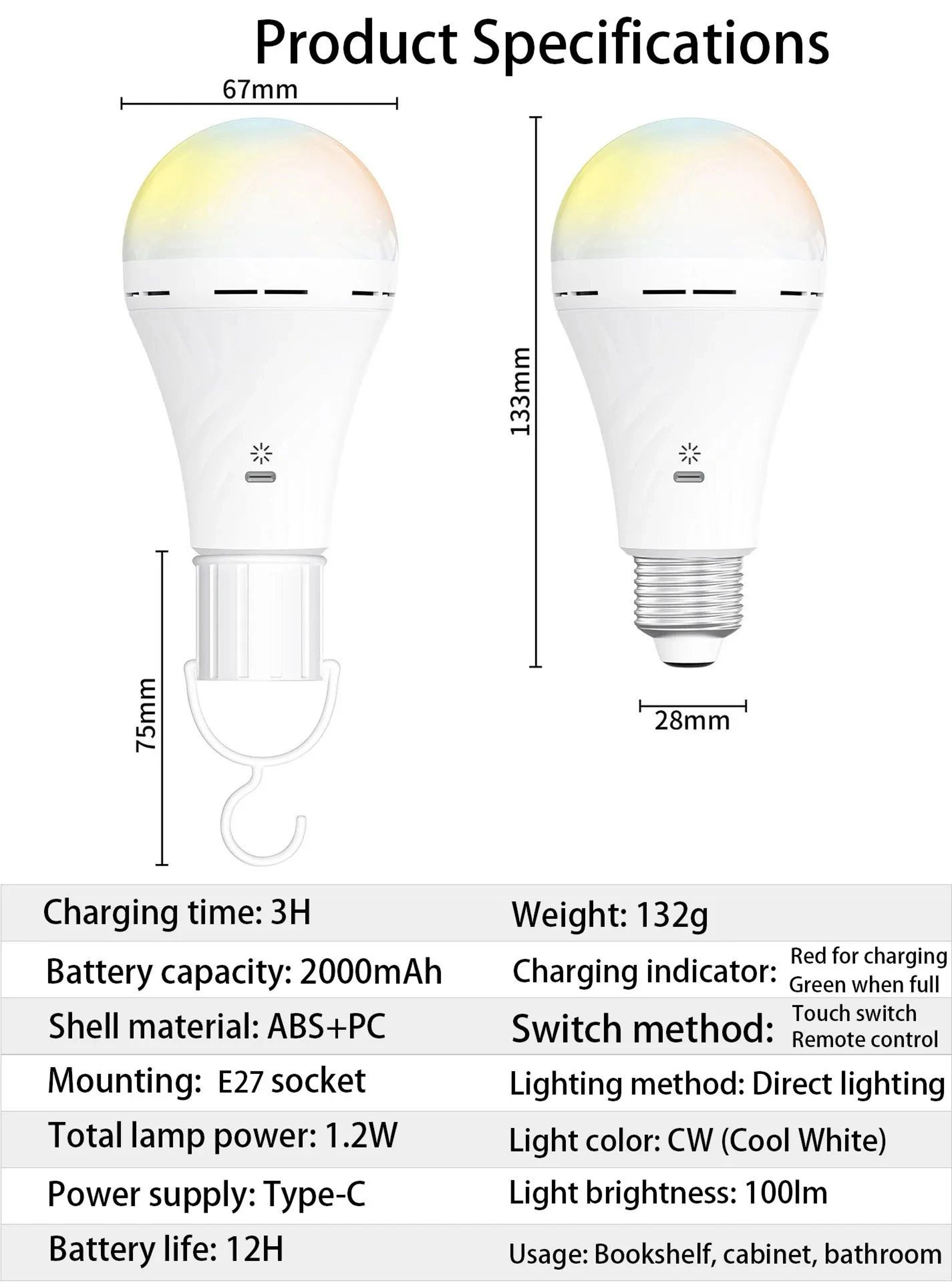 USB C Rechargeable Emergency Bulb With Remote And Three Light Colors 5