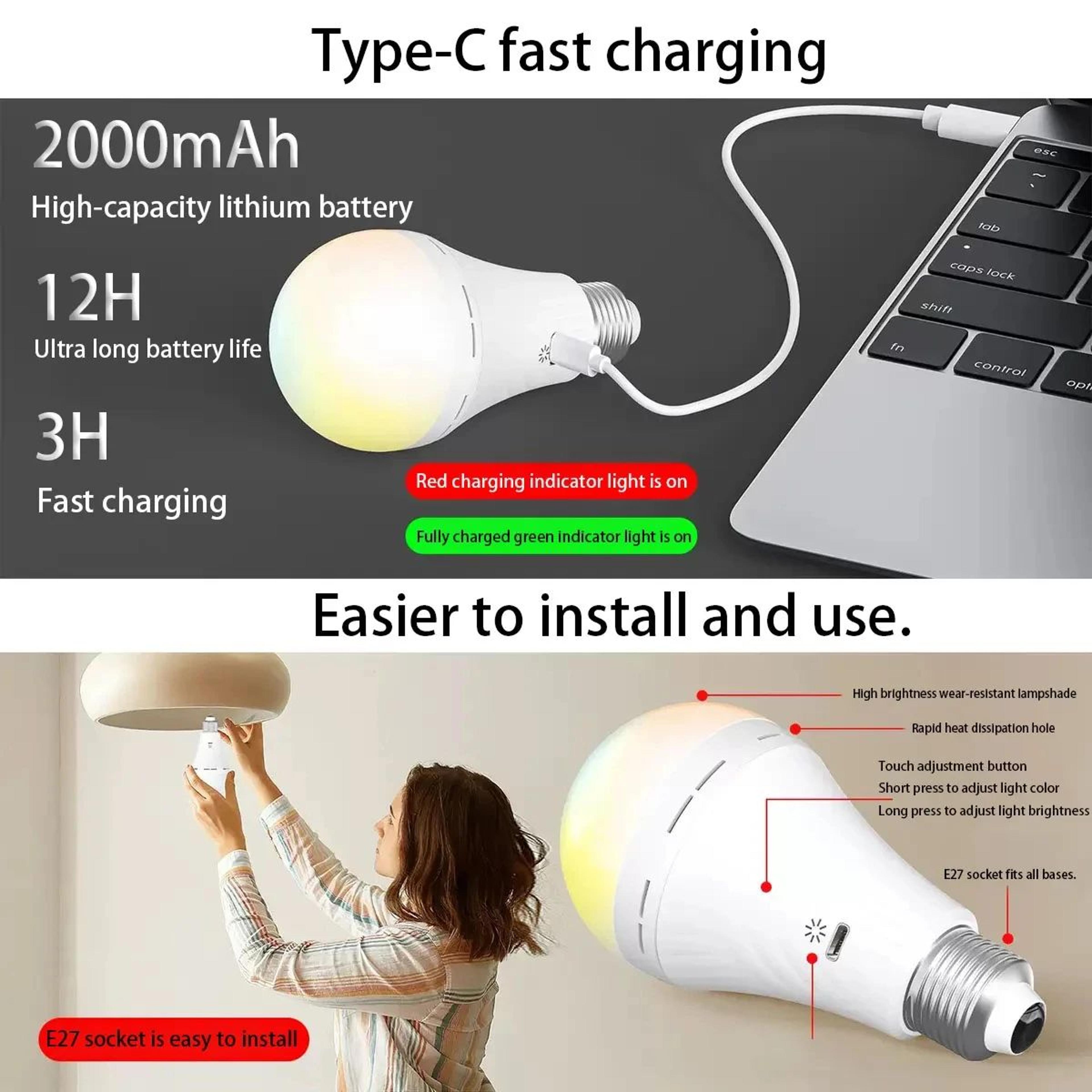 USB C Rechargeable Emergency Bulb With Remote And Three Light Colors 2