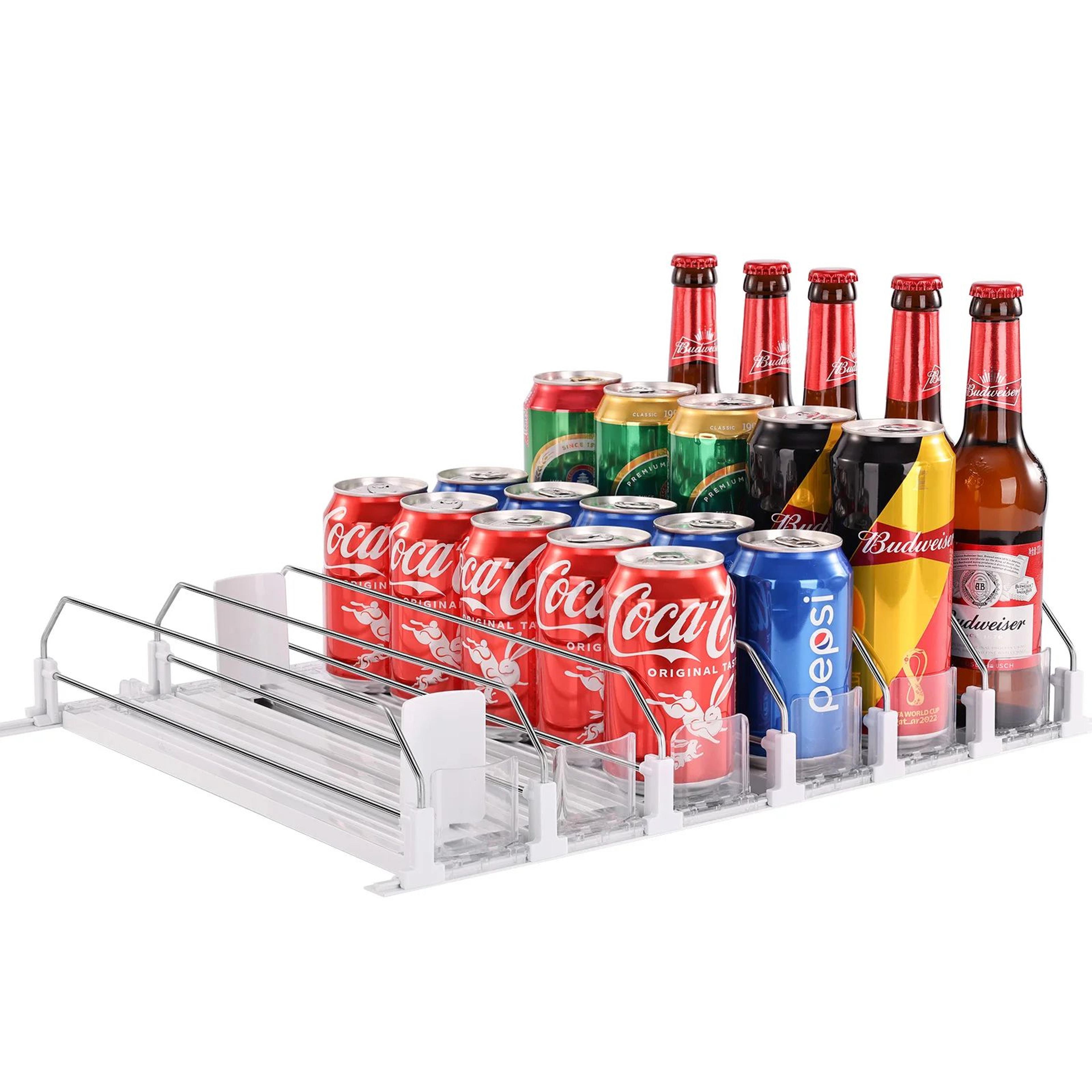 six row soda can dispenser with automatic pusher for refrigerator storage