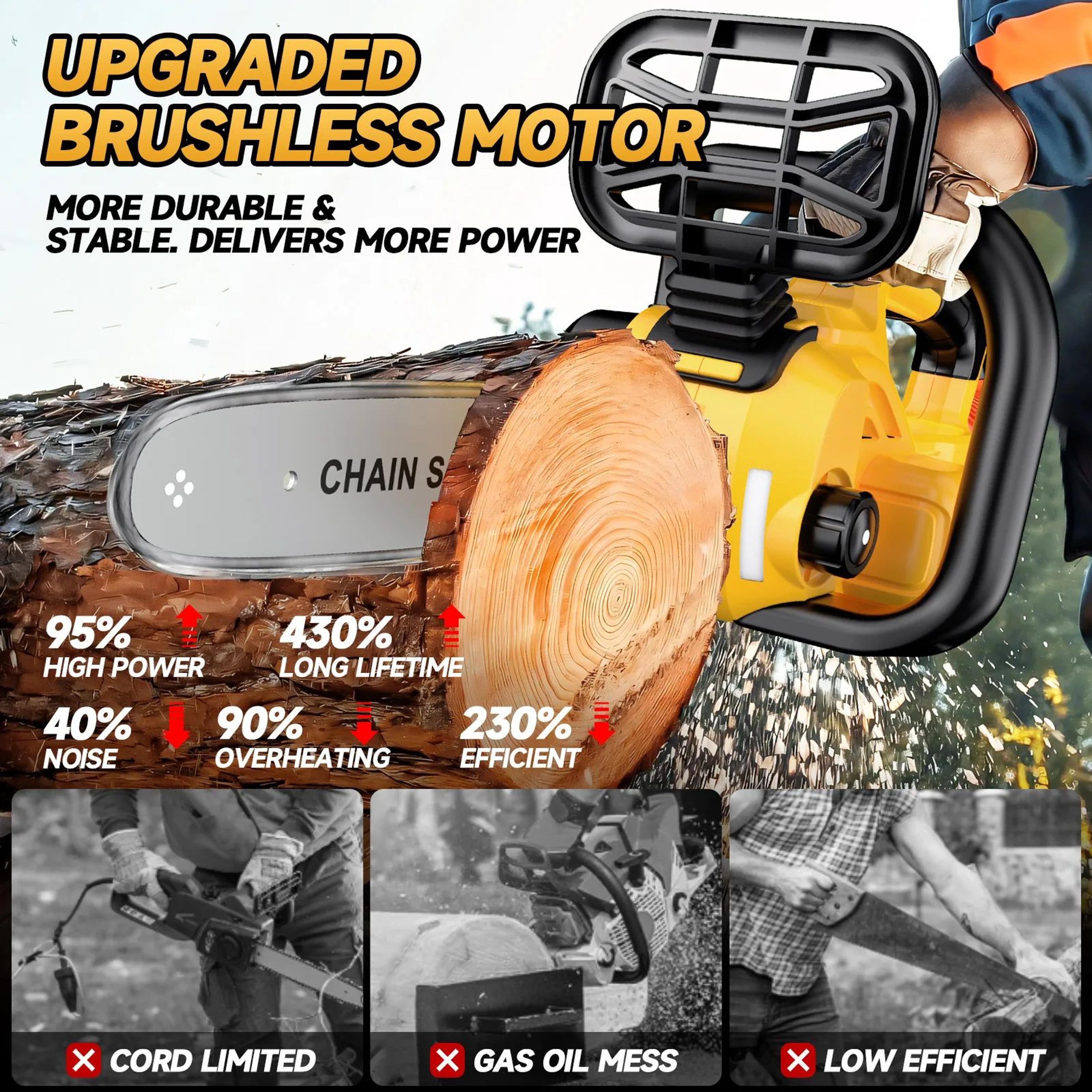 12 inch brushless cordless chainsaw with oiler compatible with dewalt batteries
