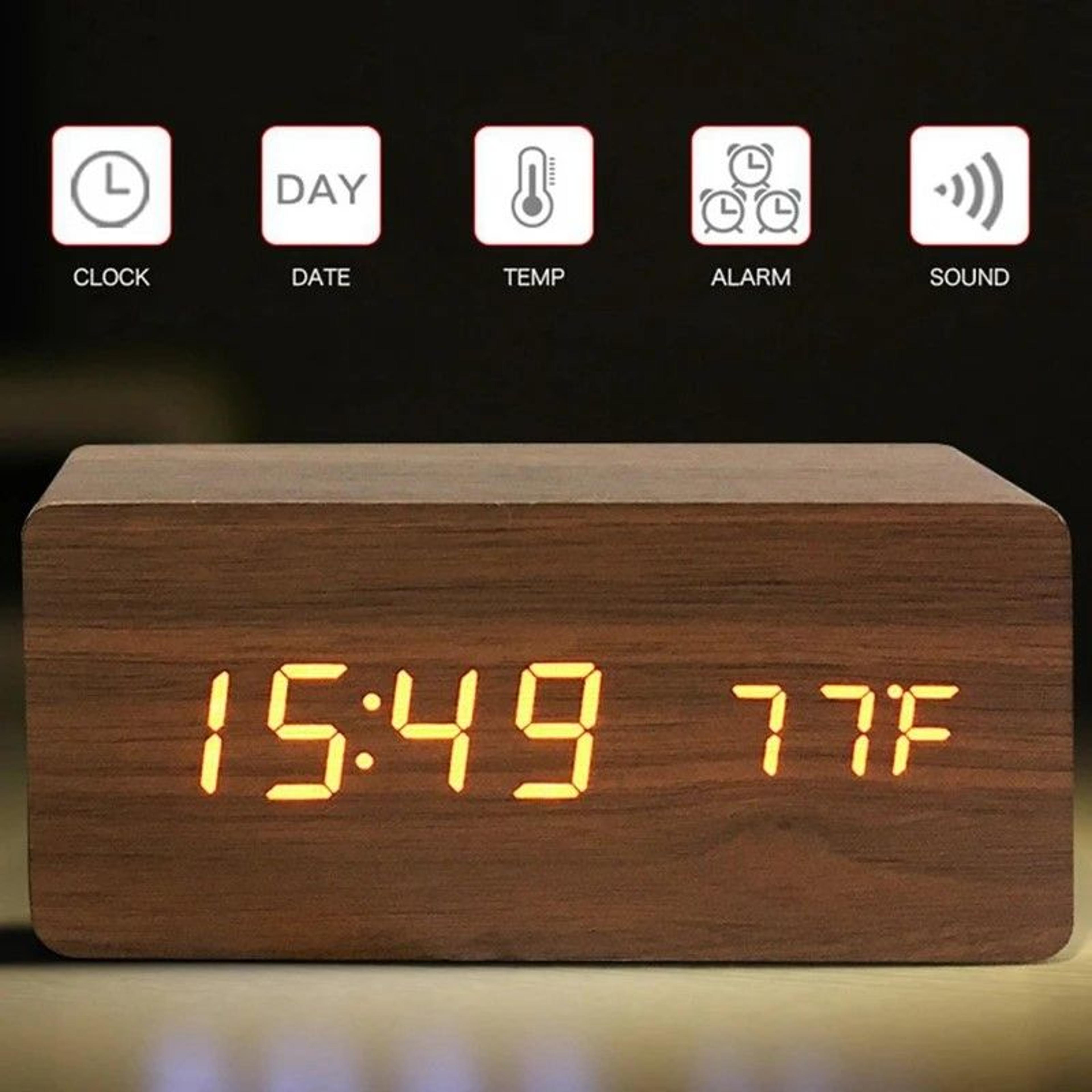 Woodgrain Luxe LED Alarm Clock Digital Wooden Desk Clock With Temperature Display 3